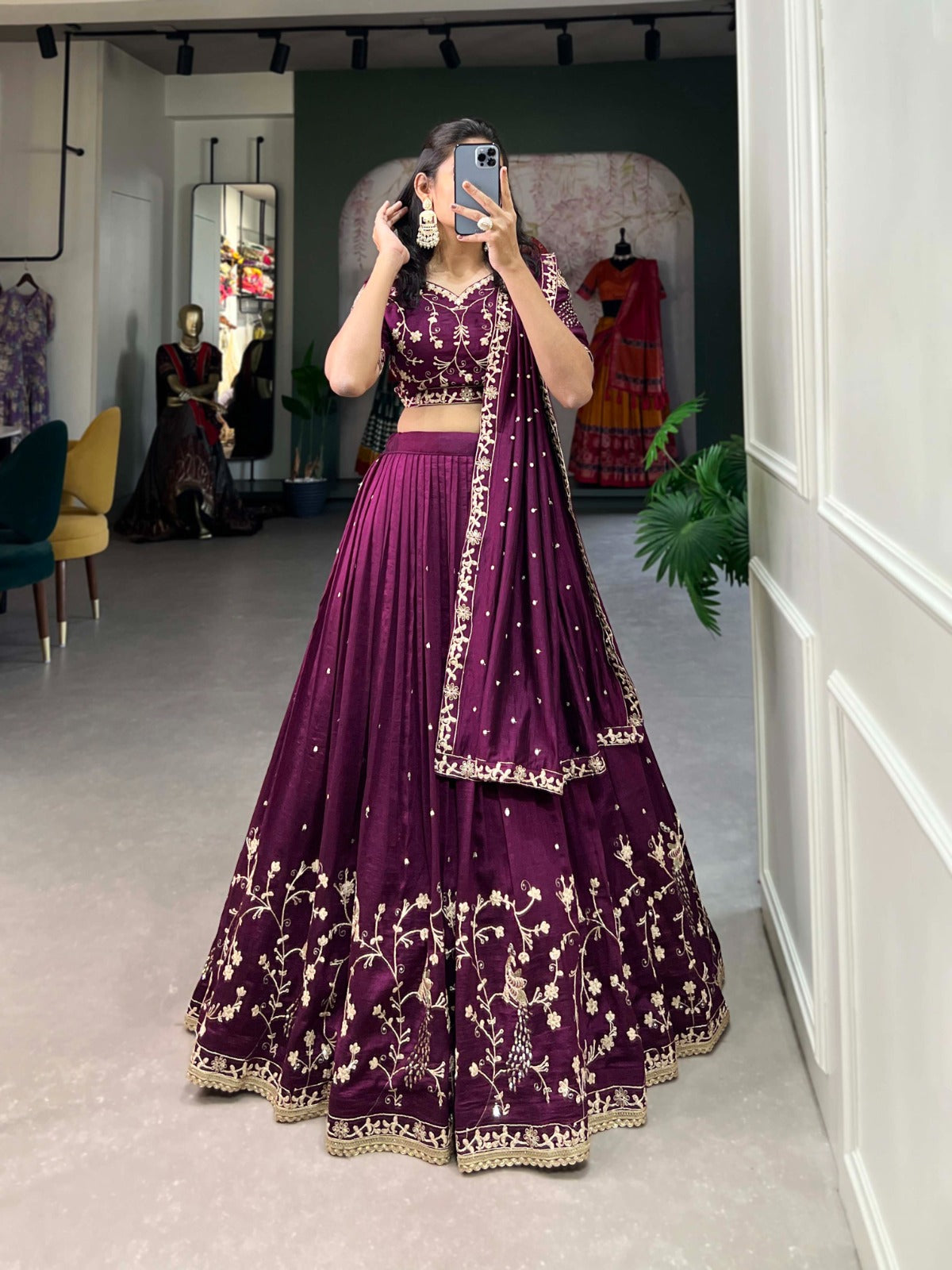 Enchanting Wine Vichitra Silk Sequins Thread Worked Lehenga Choli - INDIAN ELEGANCE