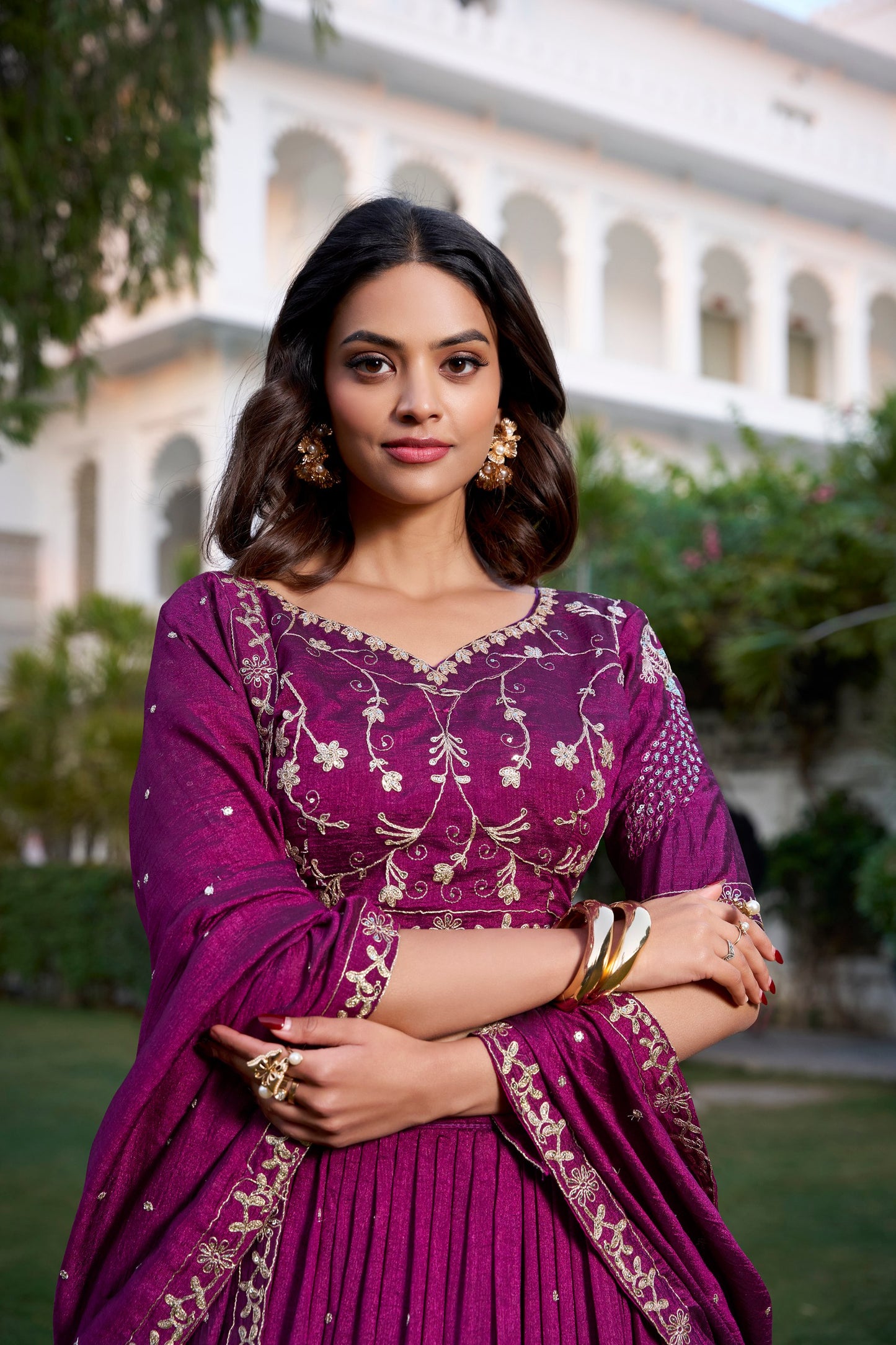 Enchanting Wine Vichitra Silk Sequins Thread Worked Lehenga Choli - INDIAN ELEGANCE