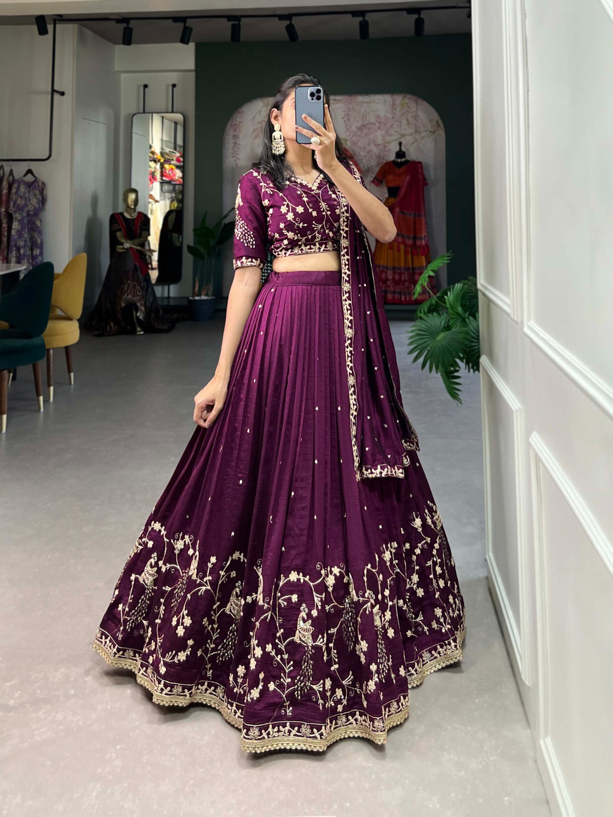 Enchanting Wine Vichitra Silk Sequins Thread Worked Lehenga Choli - INDIAN ELEGANCE