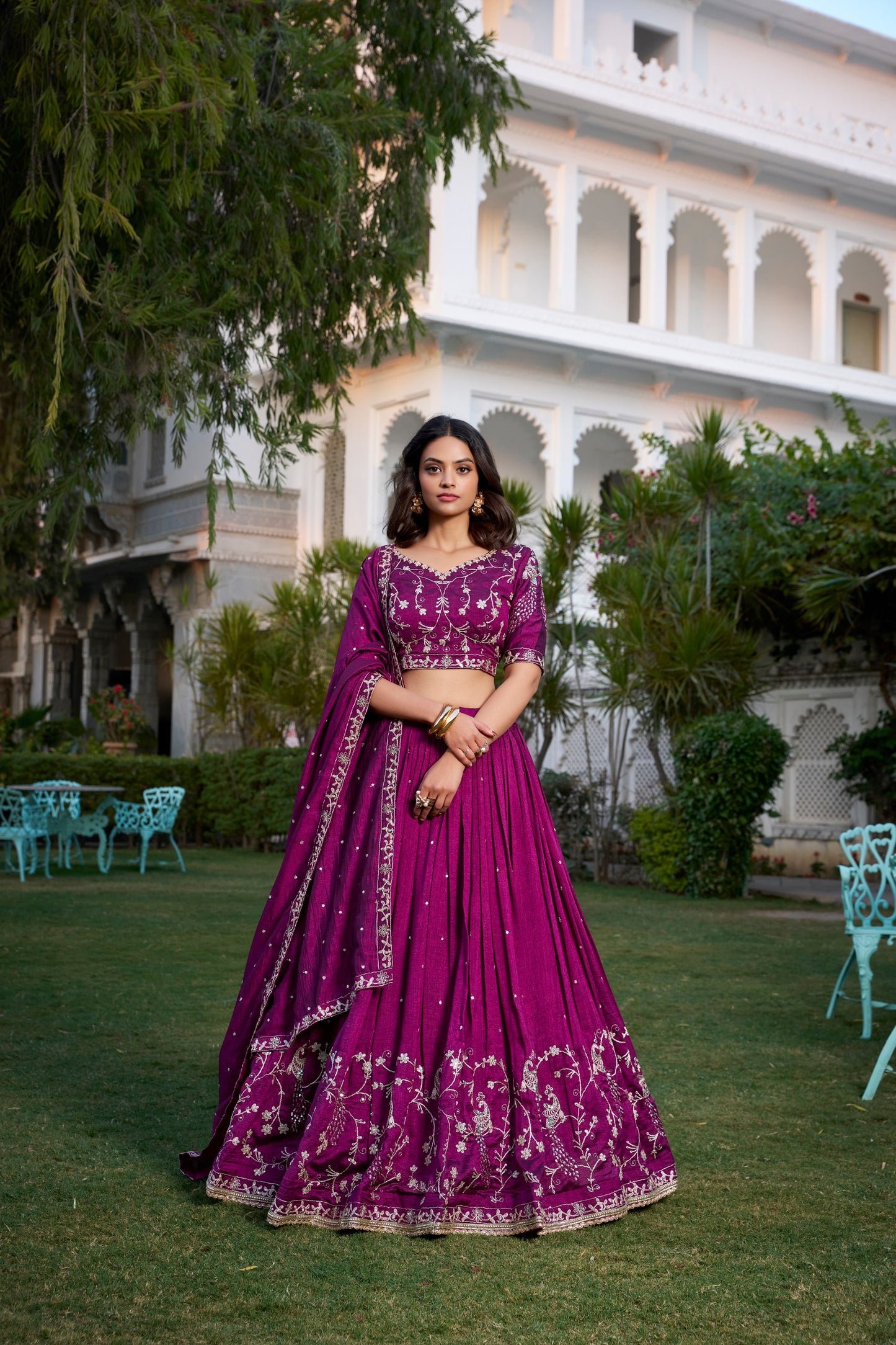 Enchanting Wine Vichitra Silk Sequins Thread Worked Lehenga Choli - INDIAN ELEGANCE