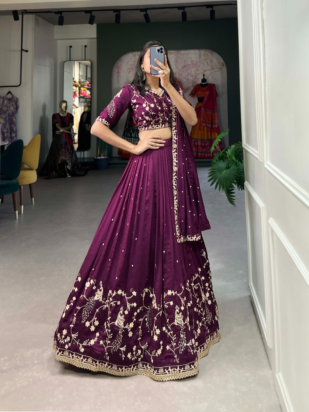Enchanting Wine Vichitra Silk Sequins Thread Worked Lehenga Choli - INDIAN ELEGANCE