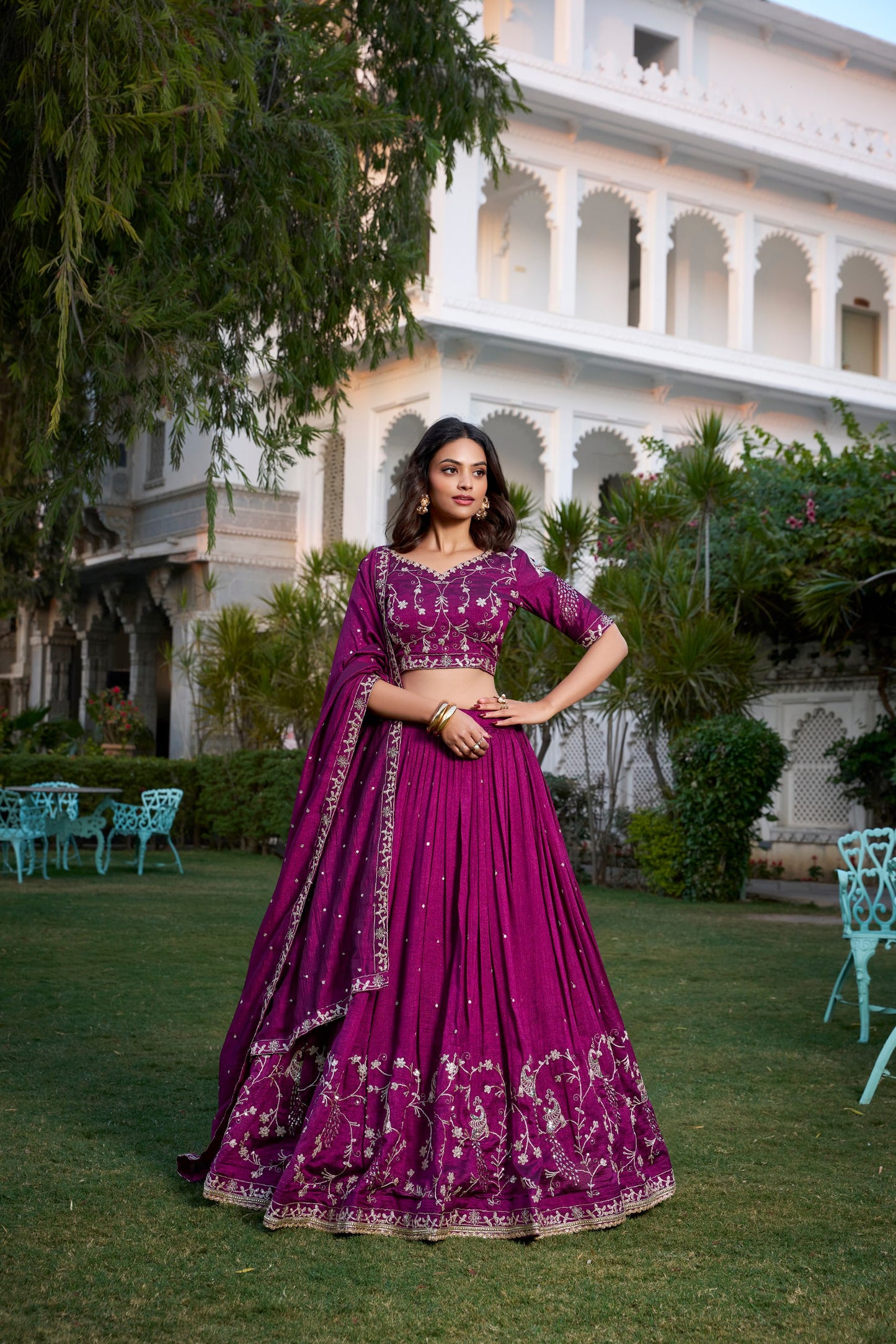 Enchanting Wine Vichitra Silk Sequins Thread Worked Lehenga Choli - INDIAN ELEGANCE