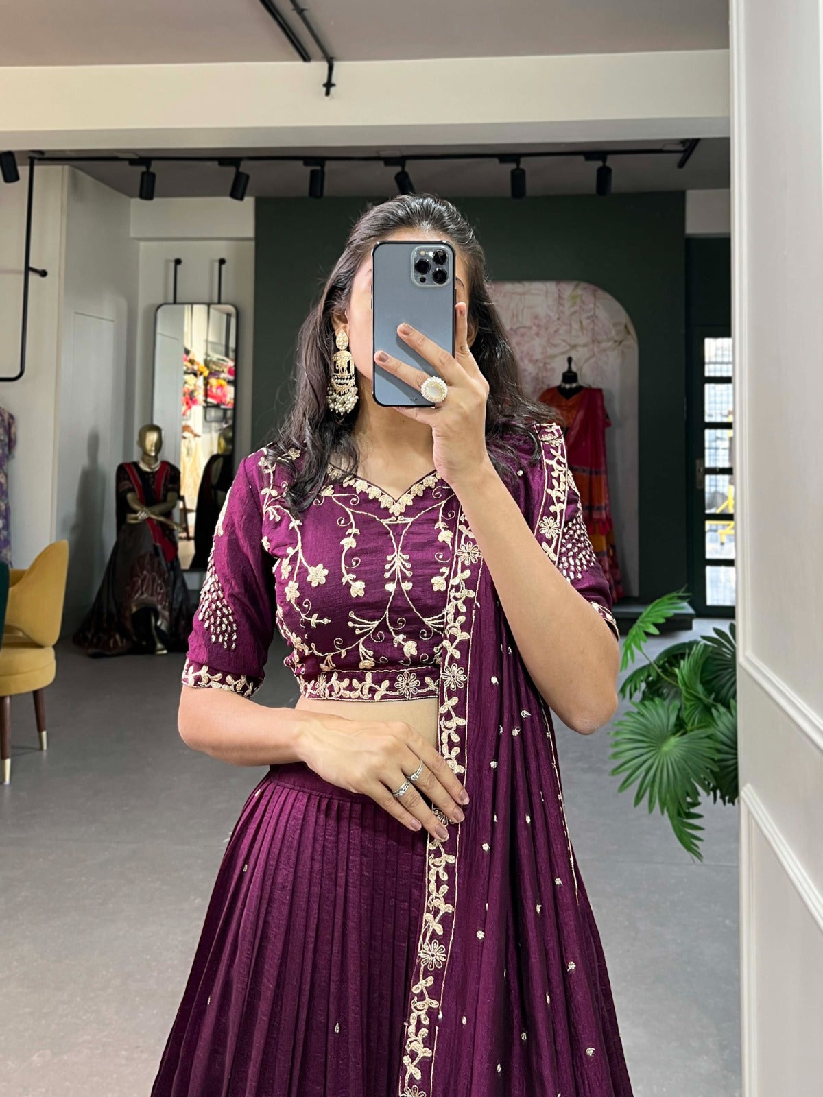 Enchanting Wine Vichitra Silk Sequins Thread Worked Lehenga Choli - INDIAN ELEGANCE