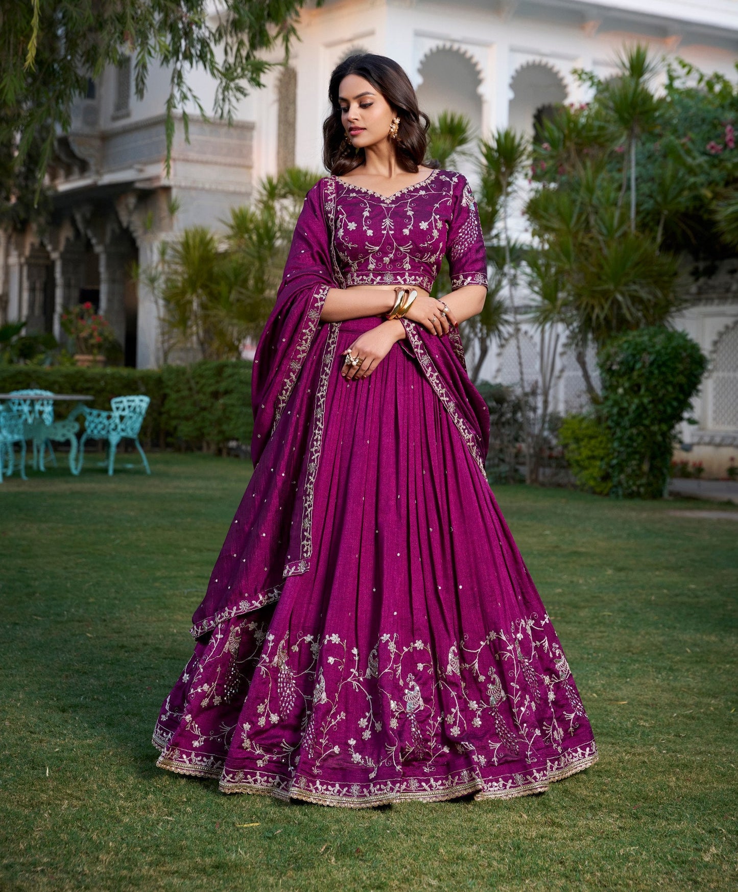 Enchanting Wine Vichitra Silk Sequins Thread Worked Lehenga Choli - INDIAN ELEGANCE