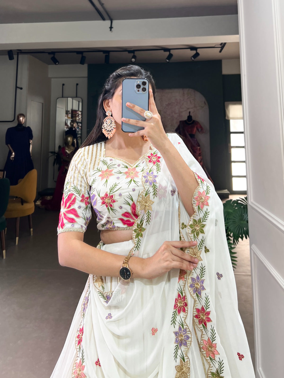 Radiant White Georgette Sequins Thread Worked Lehenga Choli - INDIAN ELEGANCE