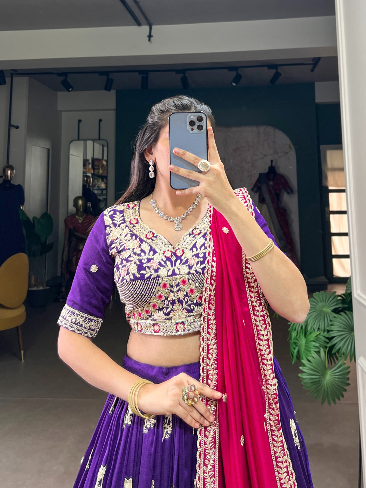 Graceful Purple Vichitra Silk Sequins Thread Worked Lehenga Choli - INDIAN ELEGANCE