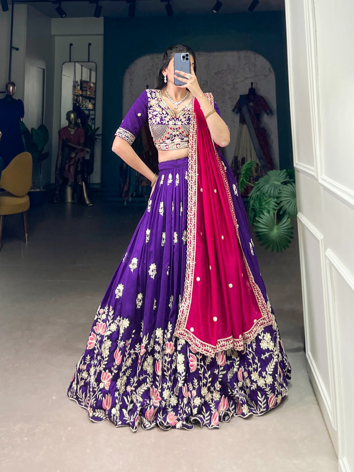 Graceful Purple Vichitra Silk Sequins Thread Worked Lehenga Choli - INDIAN ELEGANCE