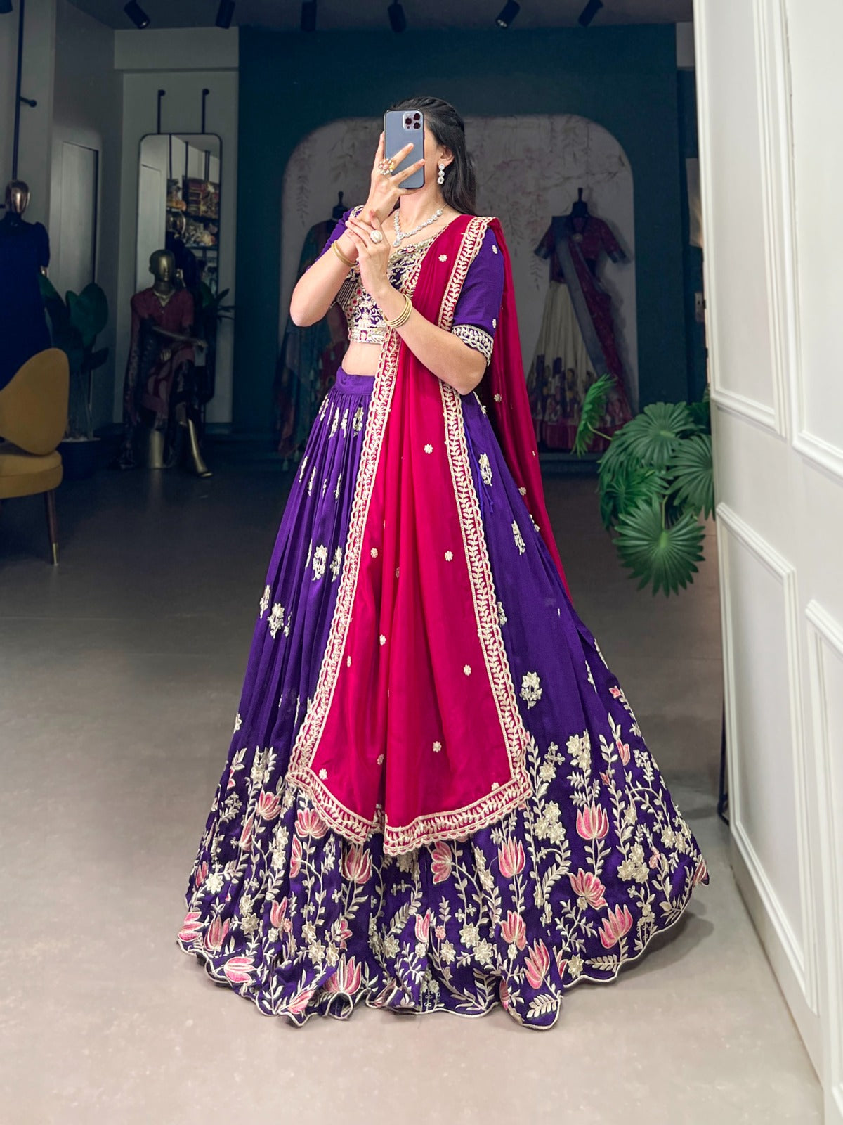 Graceful Purple Vichitra Silk Sequins Thread Worked Lehenga Choli - INDIAN ELEGANCE