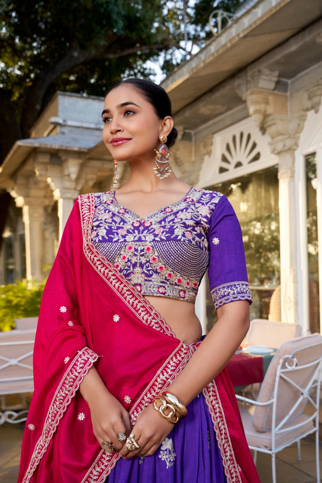 Graceful Purple Vichitra Silk Sequins Thread Worked Lehenga Choli - INDIAN ELEGANCE