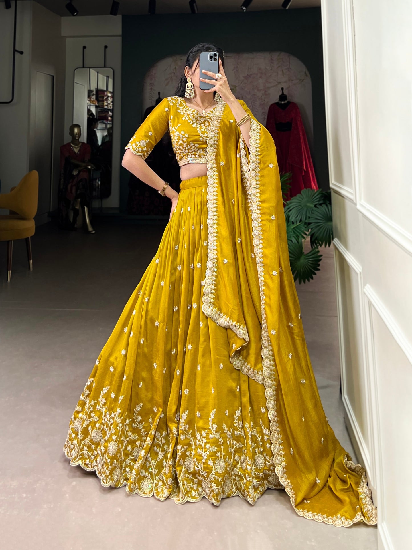 Stylish Mustard Yellow Vichitra Silk Sequins Thread Worked Lehenga Choli - INDIAN ELEGANCE