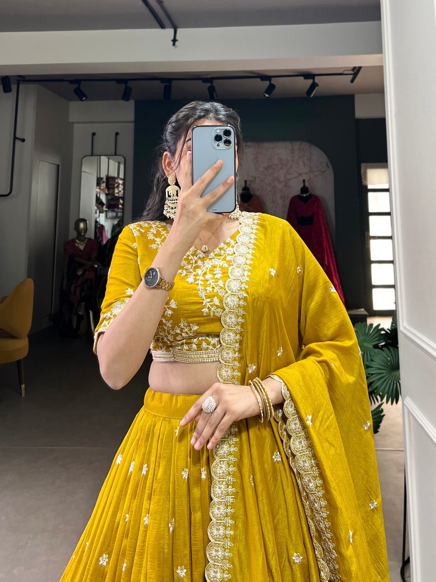 Stylish Mustard Yellow Vichitra Silk Sequins Thread Worked Lehenga Choli - INDIAN ELEGANCE
