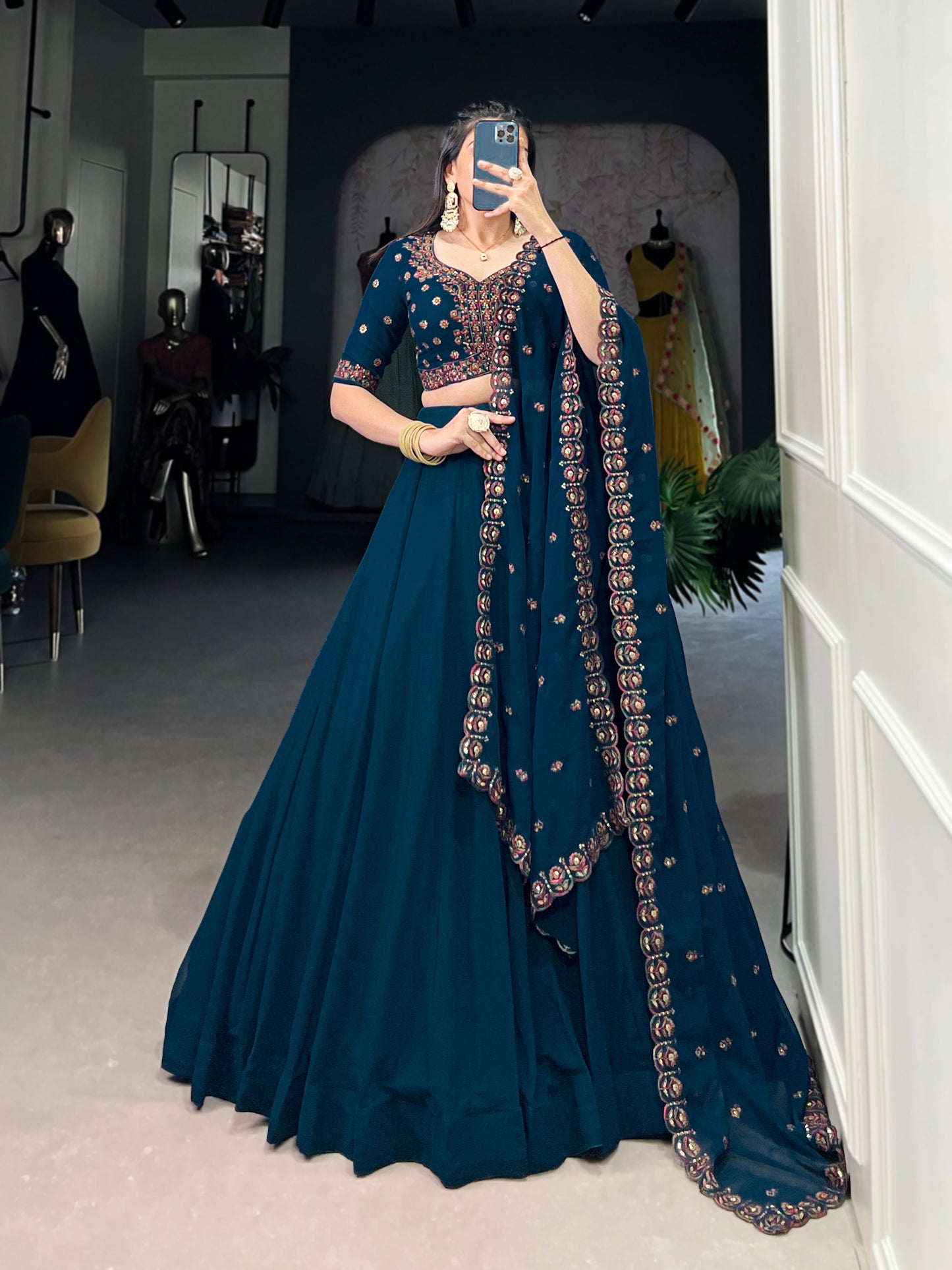 Elegant Firozi Sequins Thread Worked Lehenga Choli Set