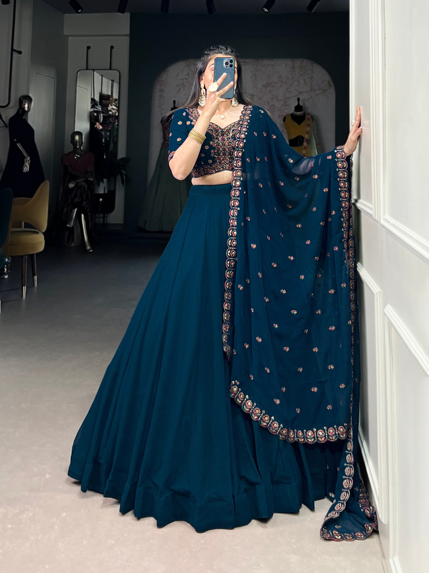 Elegant Firozi Sequins Thread Worked Lehenga Choli Set