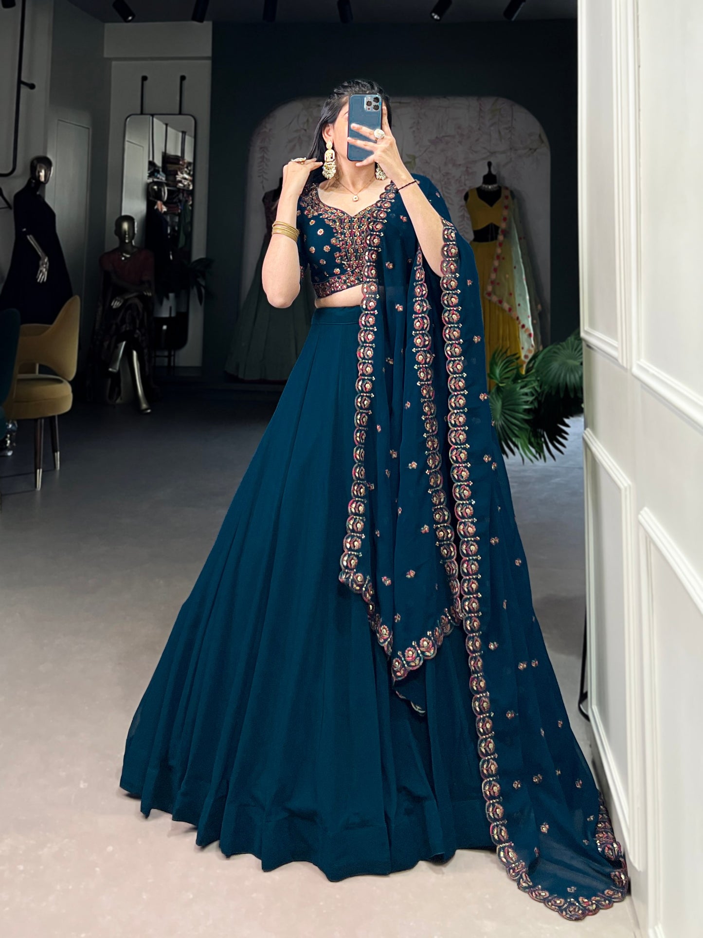 Elegant Firozi Sequins Thread Worked Lehenga Choli Set