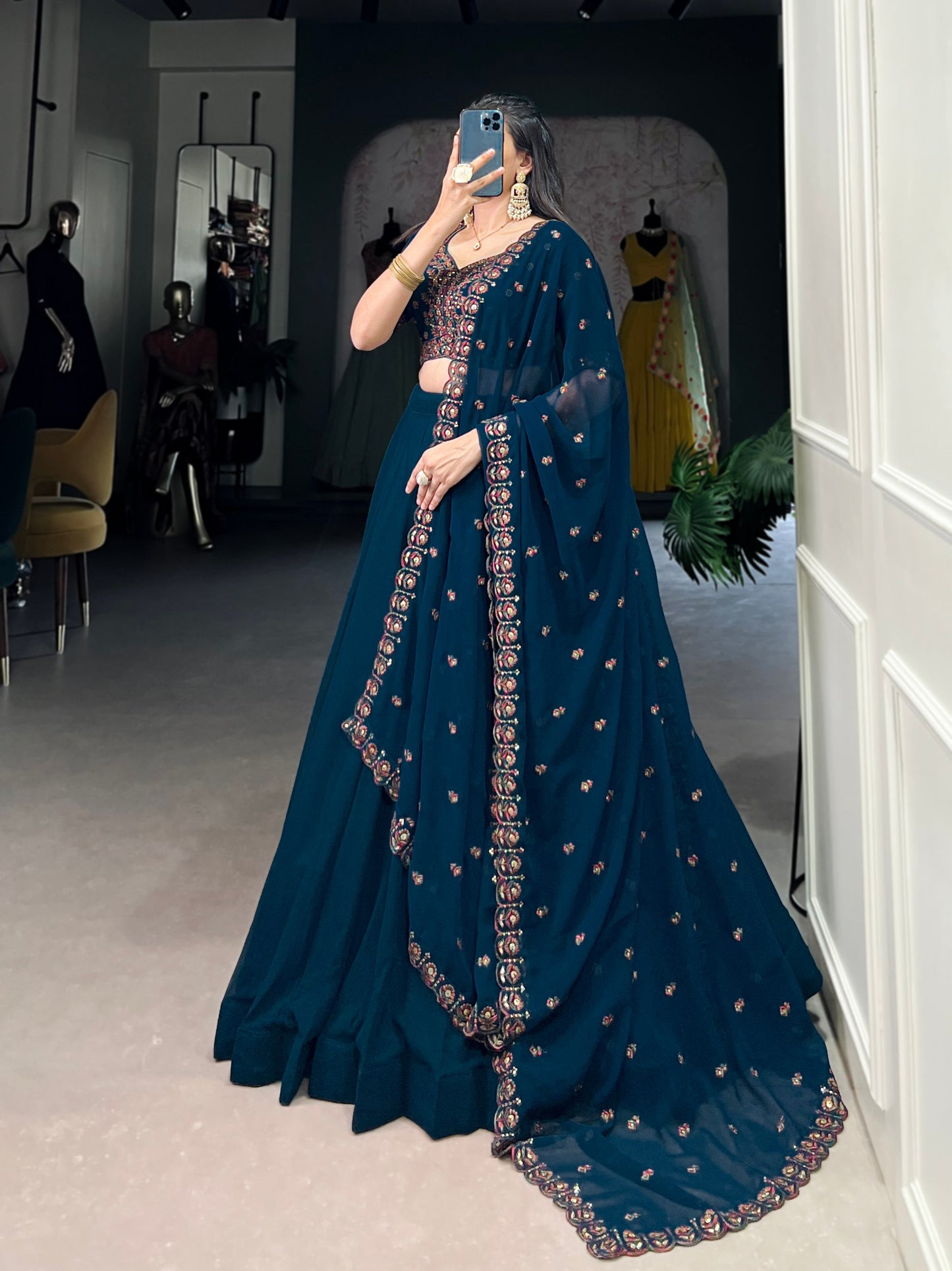 Elegant Firozi Sequins Thread Worked Lehenga Choli Set