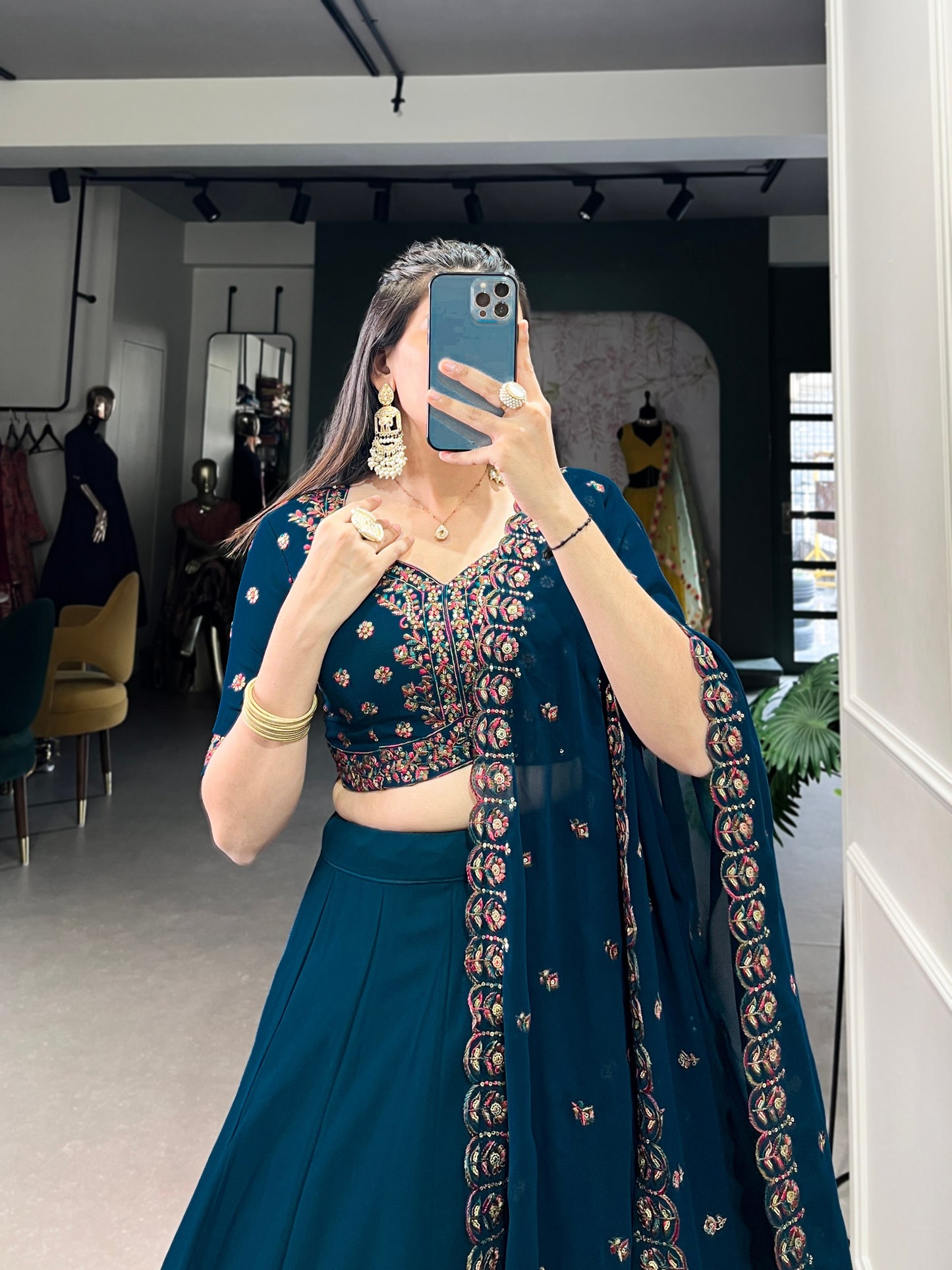 Elegant Firozi Sequins Thread Worked Lehenga Choli Set