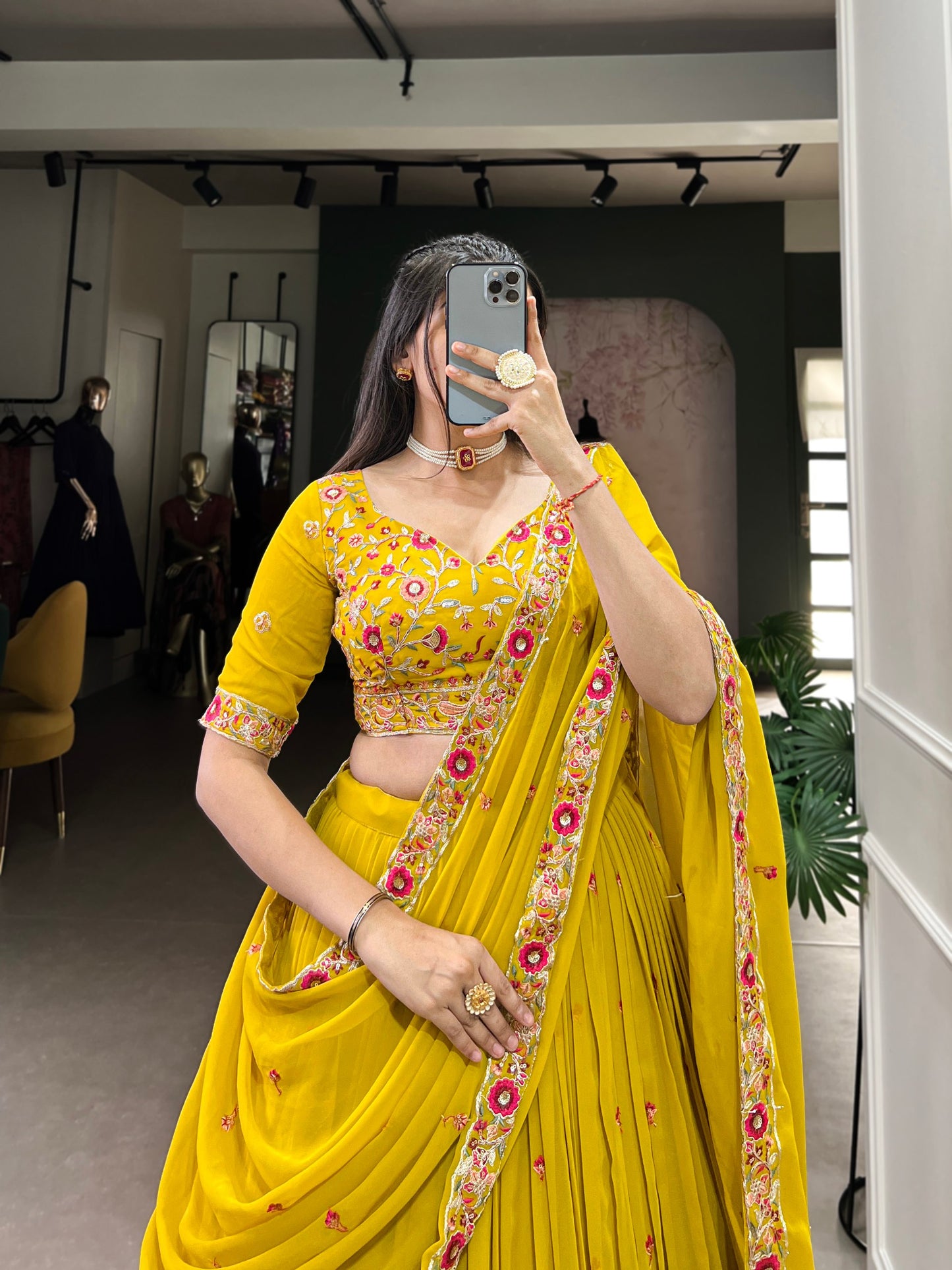 Graceful Yellow Georgette Sequins Thread Worked Lehenga Choli - INDIAN ELEGANCE