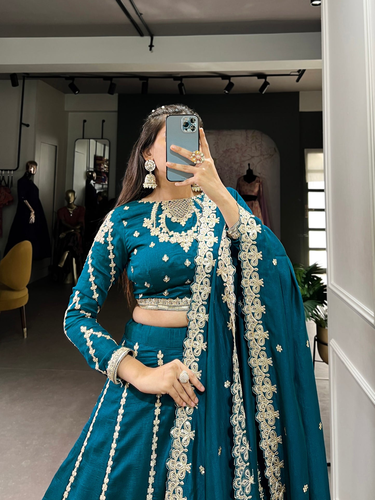 Exquisite Firozi Vichitra Silk Thread Sequins Worked Lehenga Choli