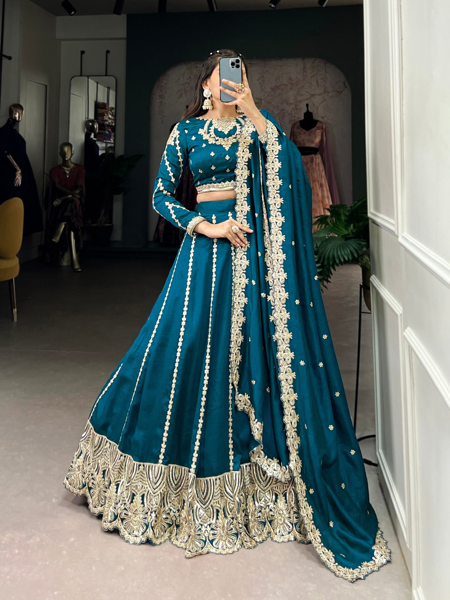 Exquisite Firozi Vichitra Silk Thread Sequins Worked Lehenga Choli