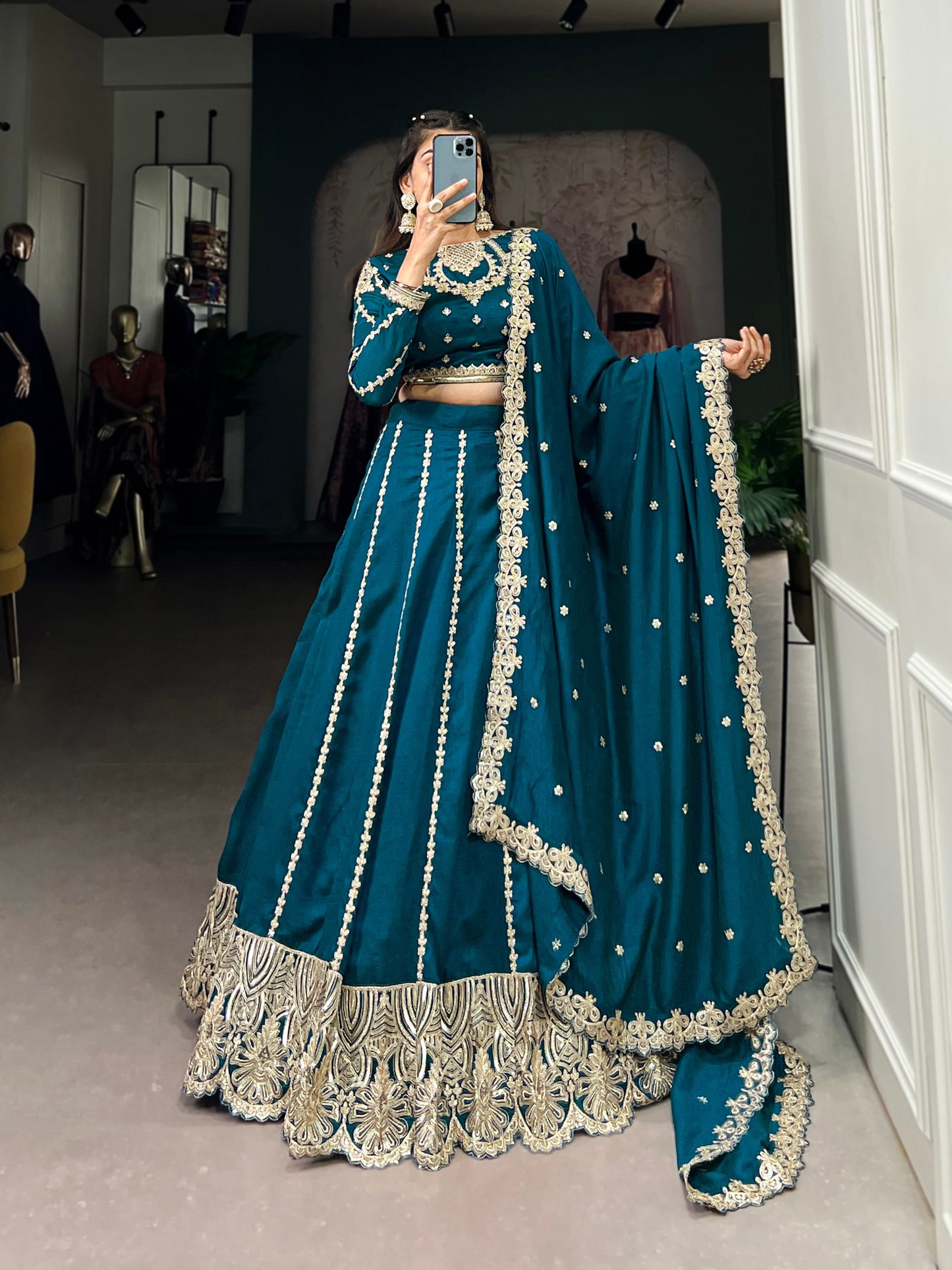 Exquisite Firozi Vichitra Silk Thread Sequins Worked Lehenga Choli