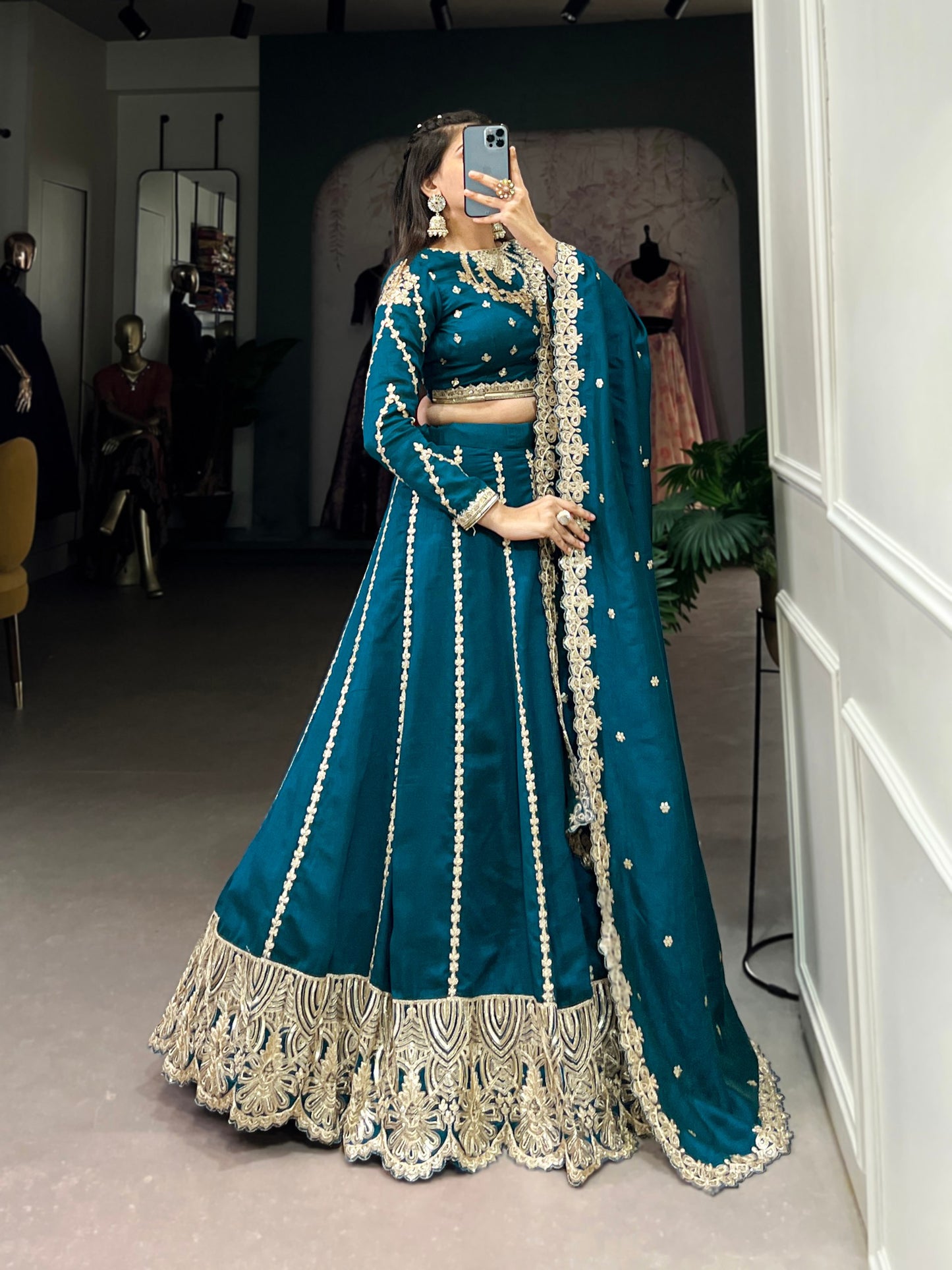 Exquisite Firozi Vichitra Silk Thread Sequins Worked Lehenga Choli