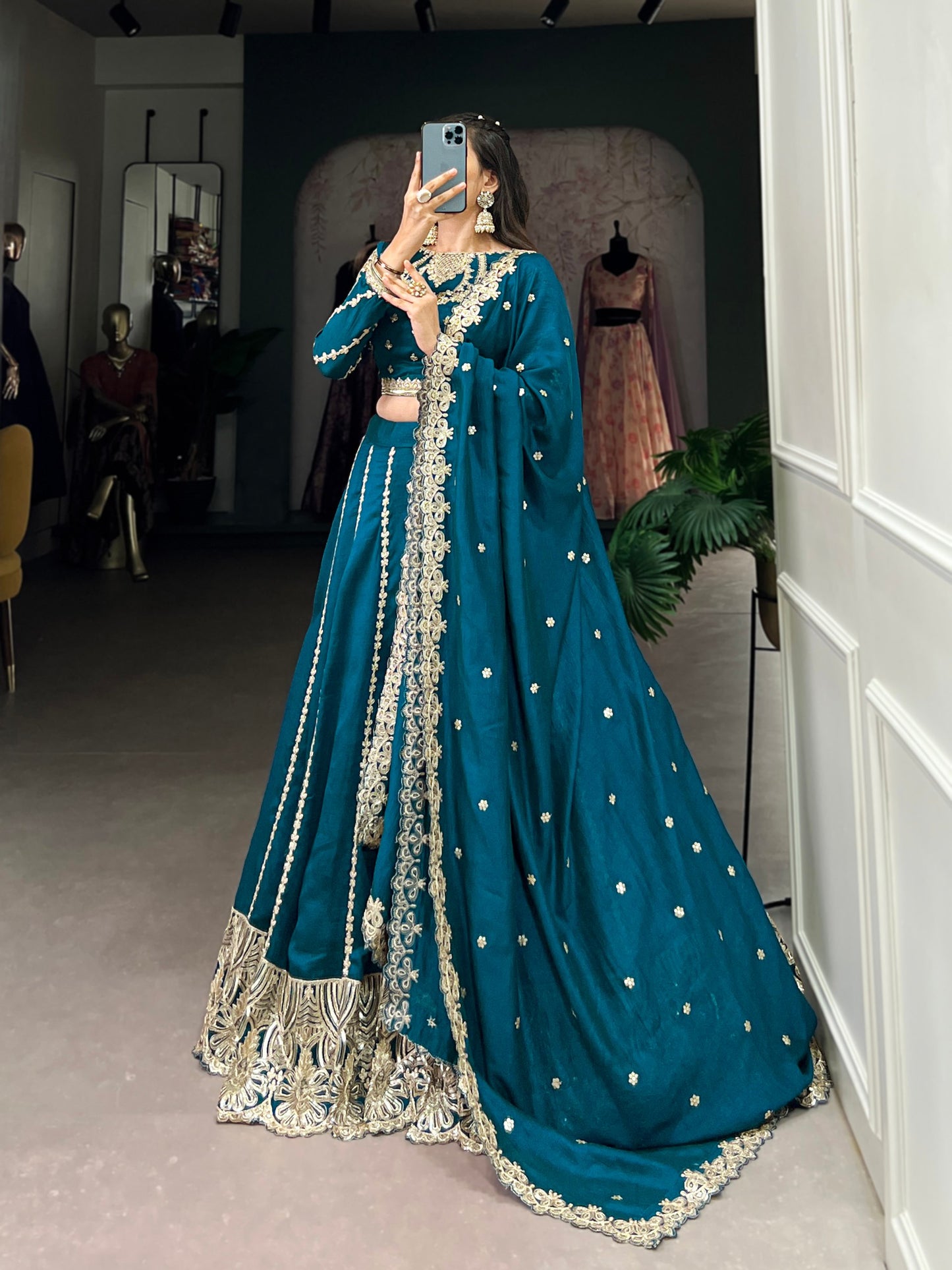 Exquisite Firozi Vichitra Silk Thread Sequins Worked Lehenga Choli
