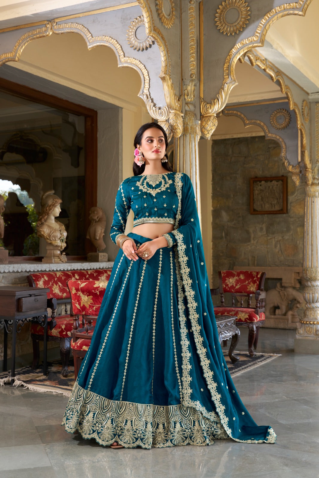 Exquisite Firozi Vichitra Silk Thread Sequins Worked Lehenga Choli