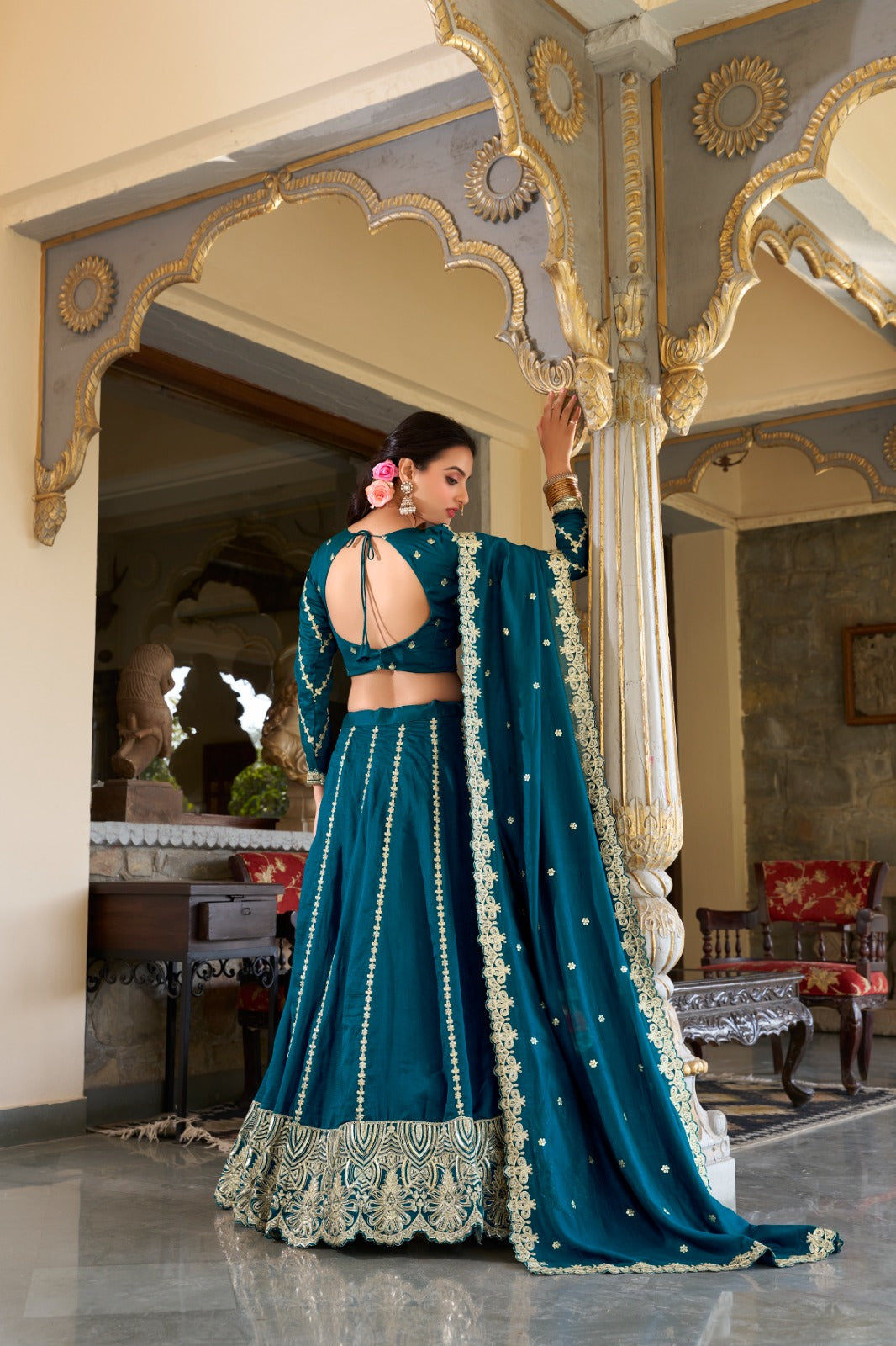 Exquisite Firozi Vichitra Silk Thread Sequins Worked Lehenga Choli