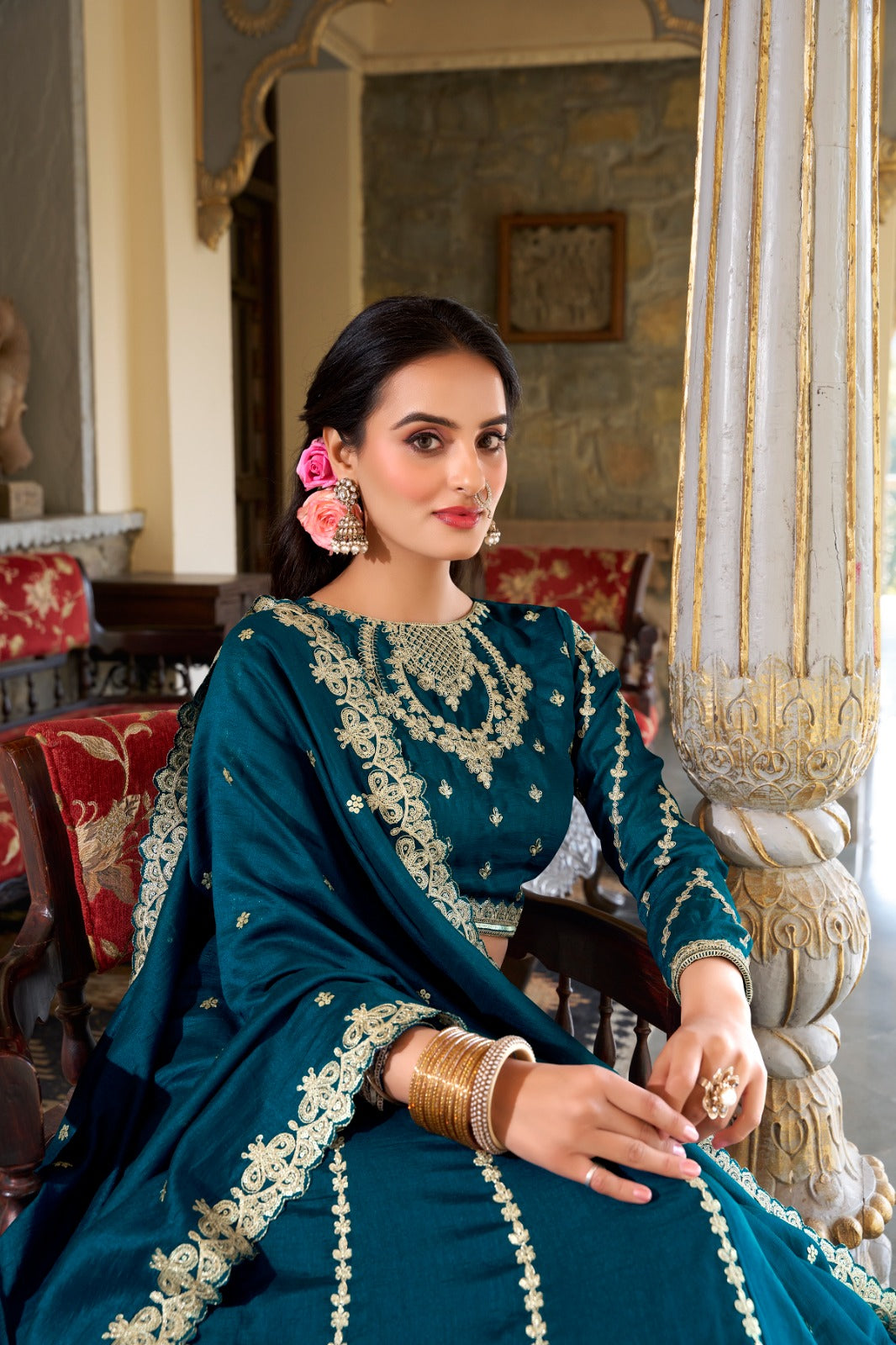 Exquisite Firozi Vichitra Silk Thread Sequins Worked Lehenga Choli