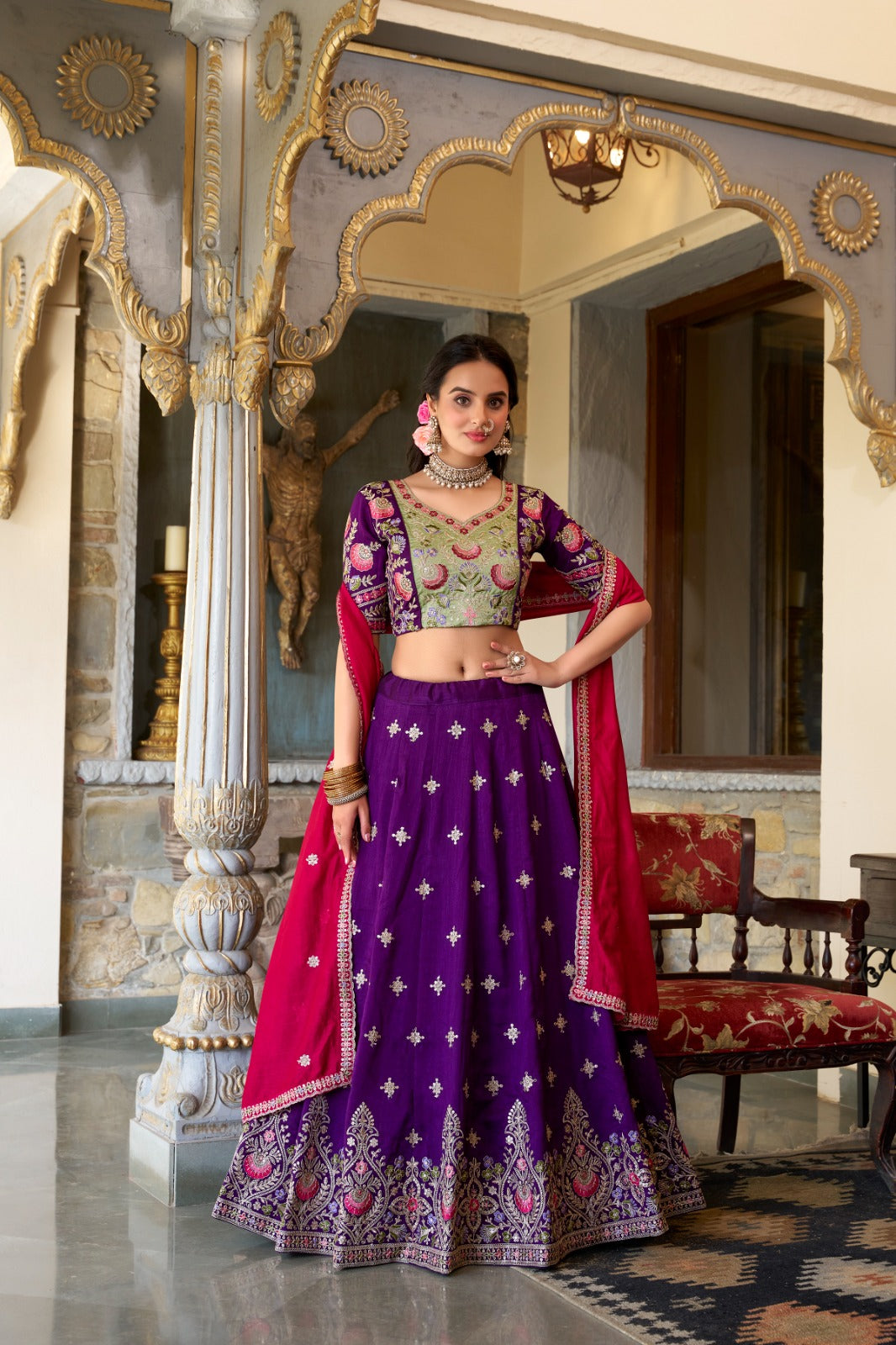 Elegant Purple Sequins Thread Embroidered Lehenga Choli - INDIAN ELEGANCE