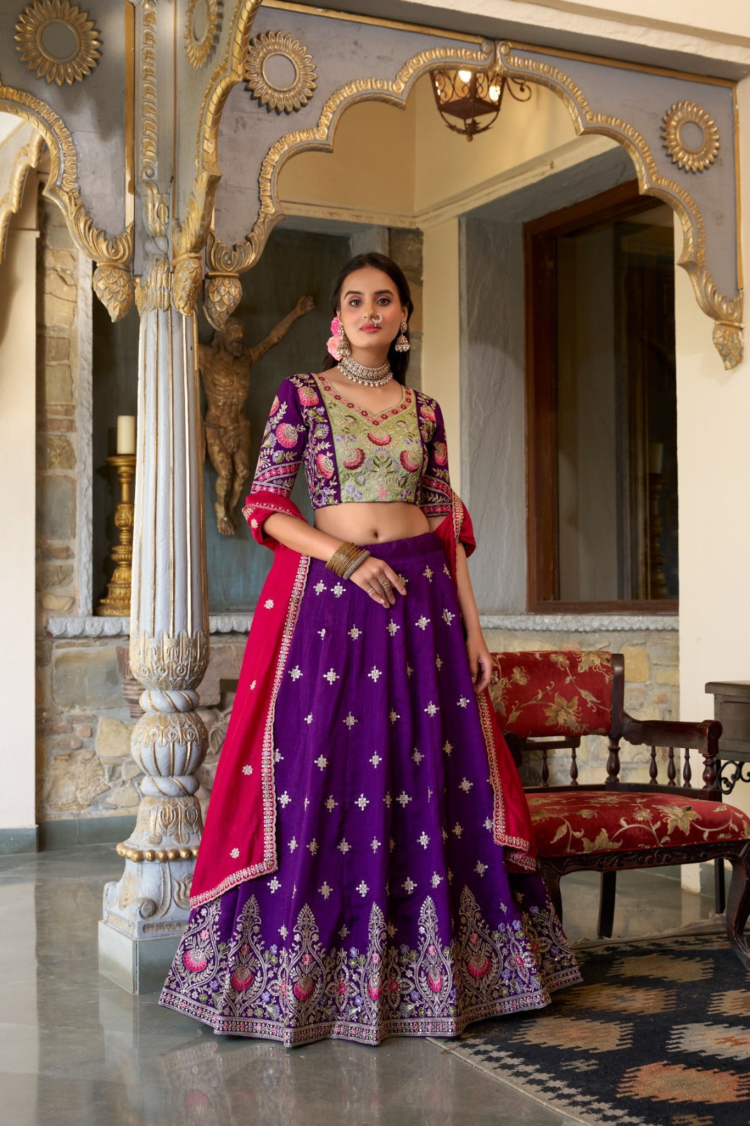 Elegant Purple Sequins Thread Embroidered Lehenga Choli - INDIAN ELEGANCE