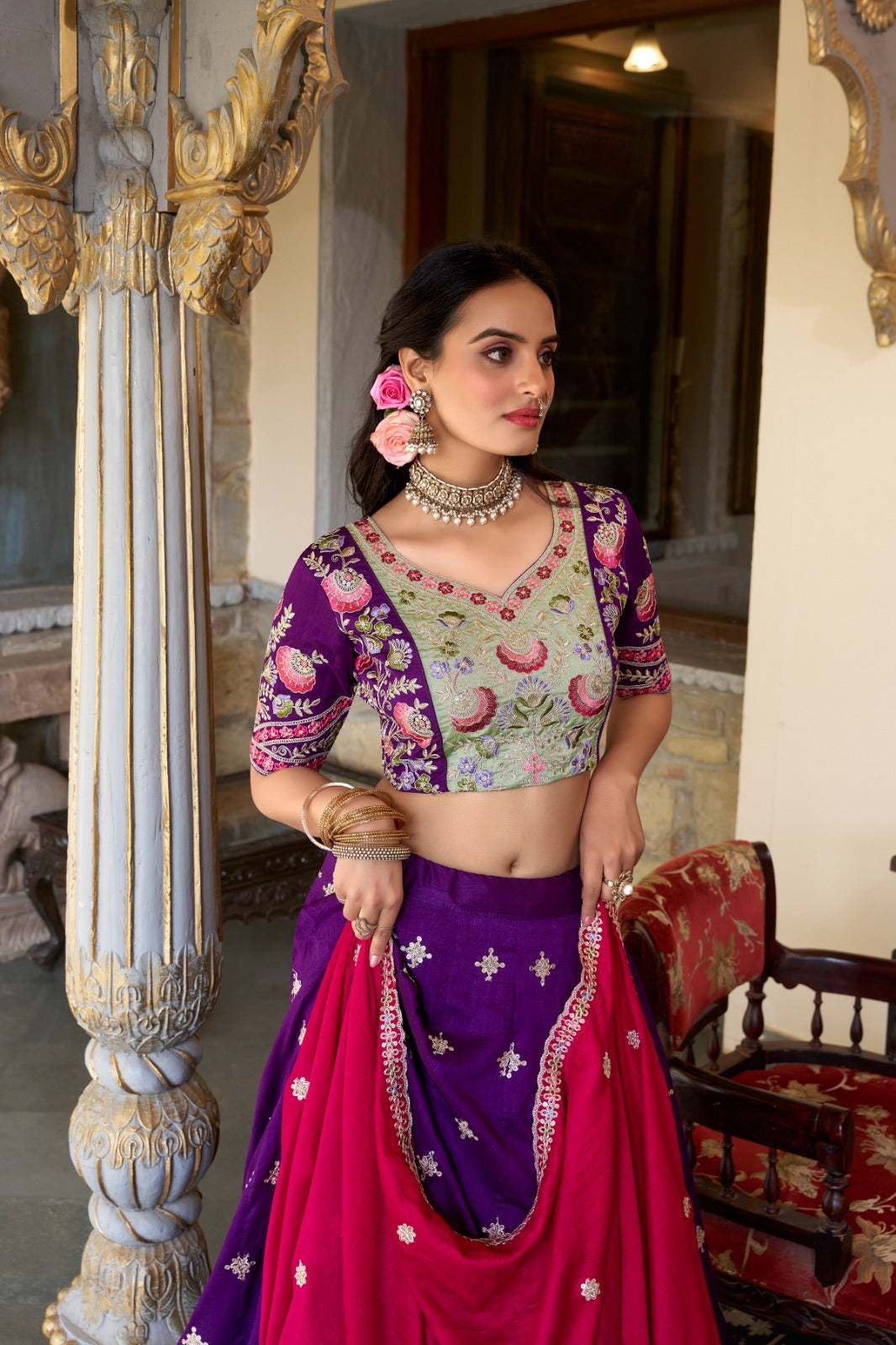 Elegant Purple Sequins Thread Embroidered Lehenga Choli - INDIAN ELEGANCE