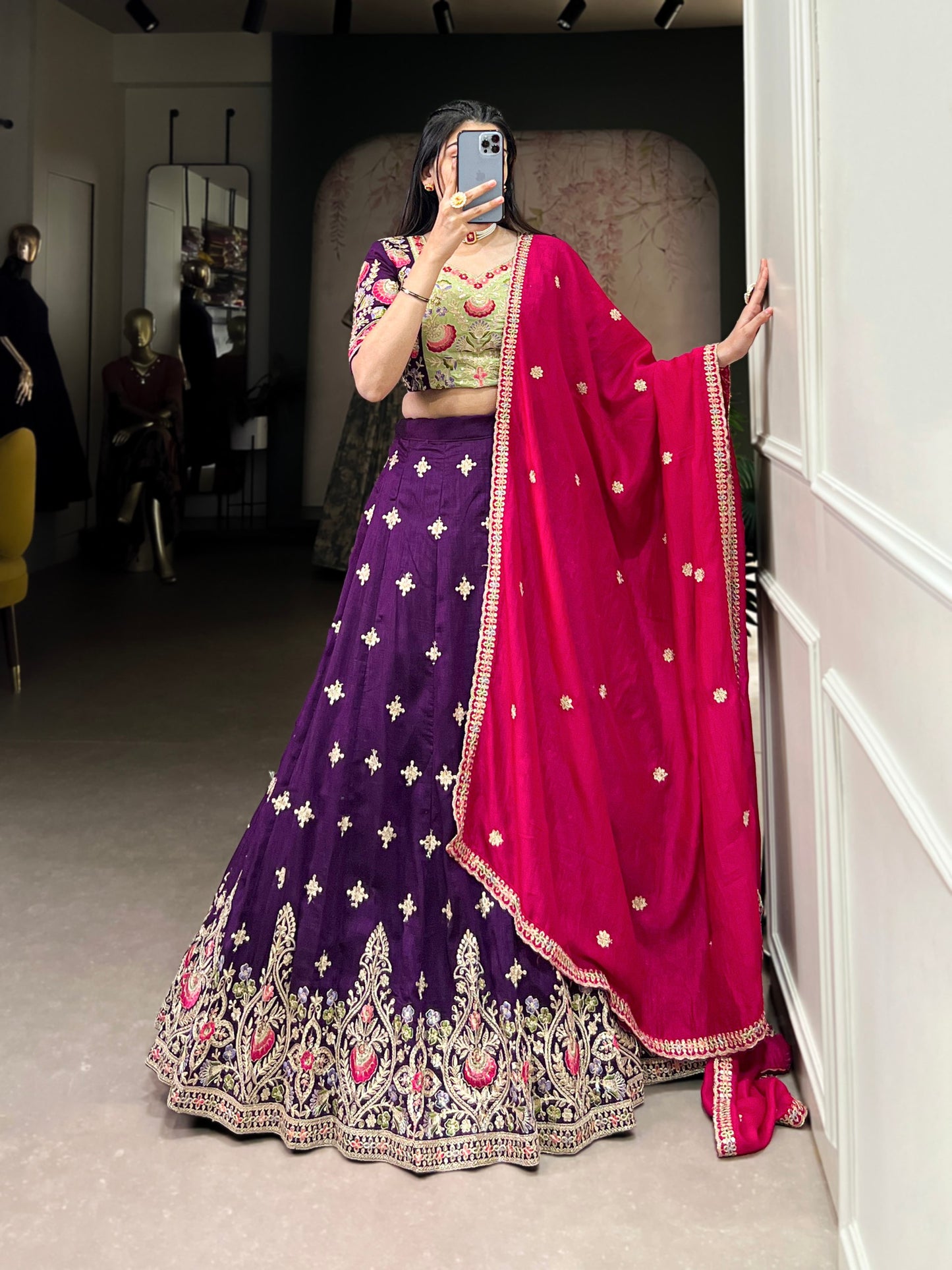 Elegant Purple Sequins Thread Embroidered Lehenga Choli - INDIAN ELEGANCE
