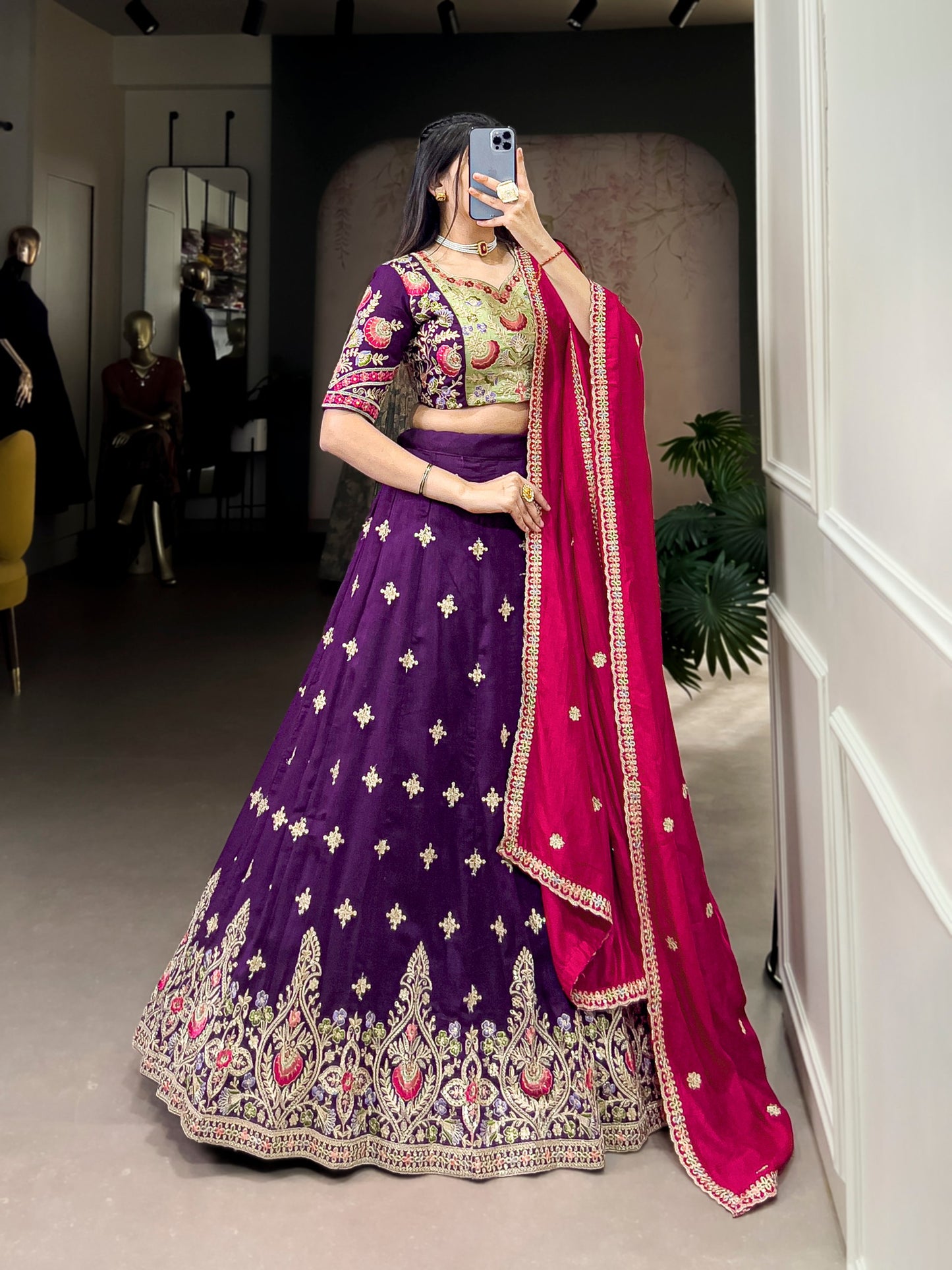 Elegant Purple Sequins Thread Embroidered Lehenga Choli - INDIAN ELEGANCE