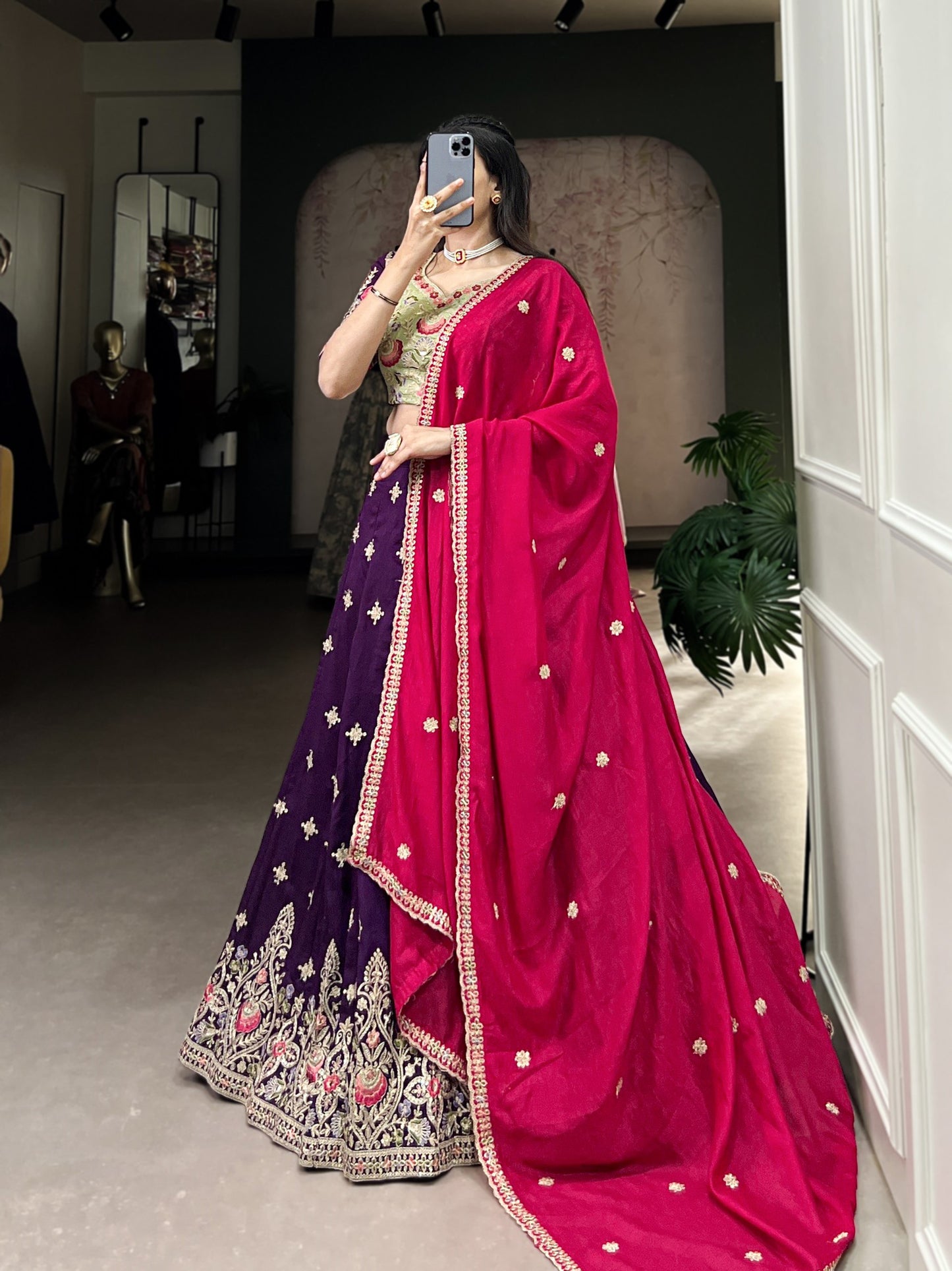 Elegant Purple Sequins Thread Embroidered Lehenga Choli - INDIAN ELEGANCE