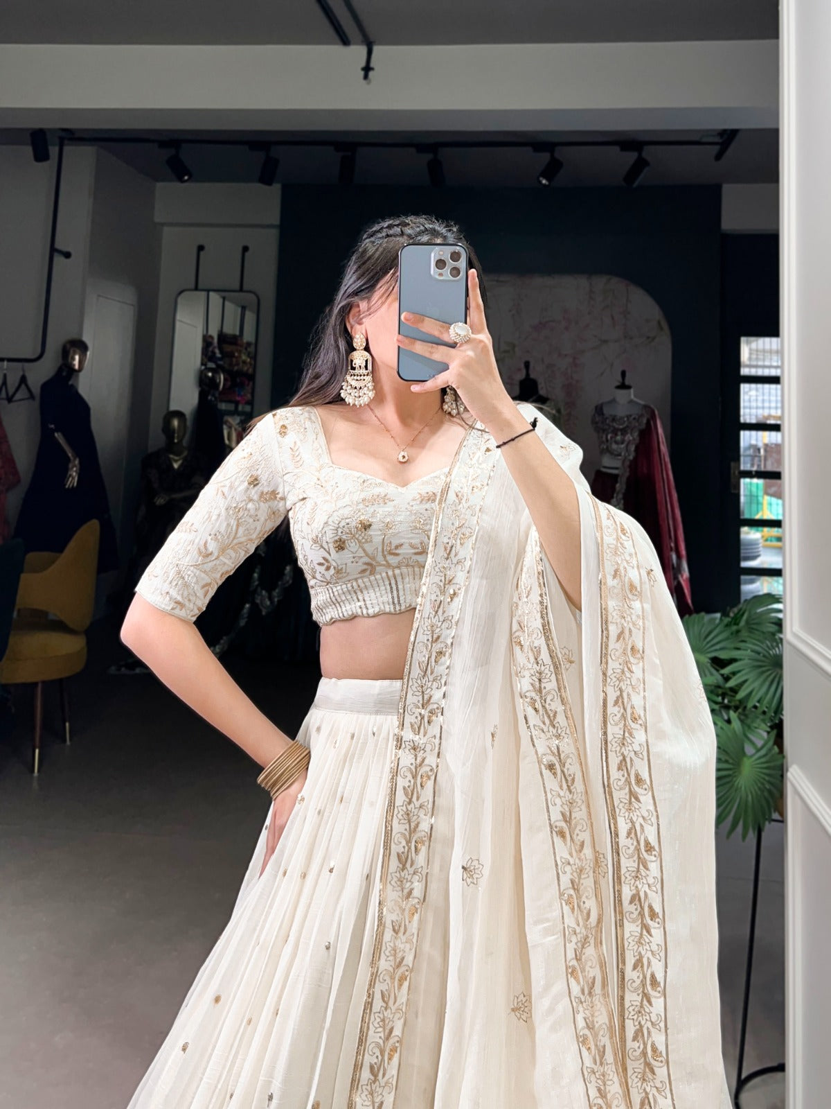 Off White Silver Glossy Sequins Embroidered Lehenga Choli