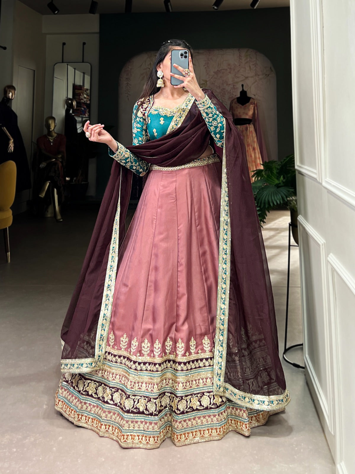 Elegant Moonga Silk Sequins Thread Worked Lehenga Choli - INDIAN ELEGANCE