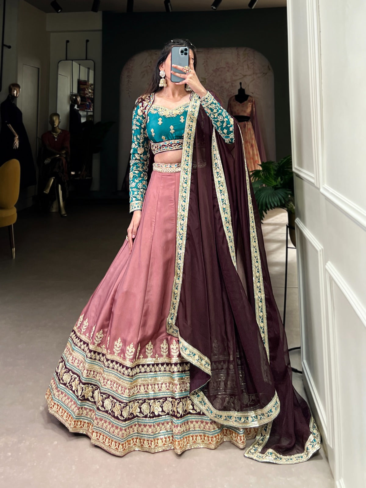 Elegant Moonga Silk Sequins Thread Worked Lehenga Choli - INDIAN ELEGANCE