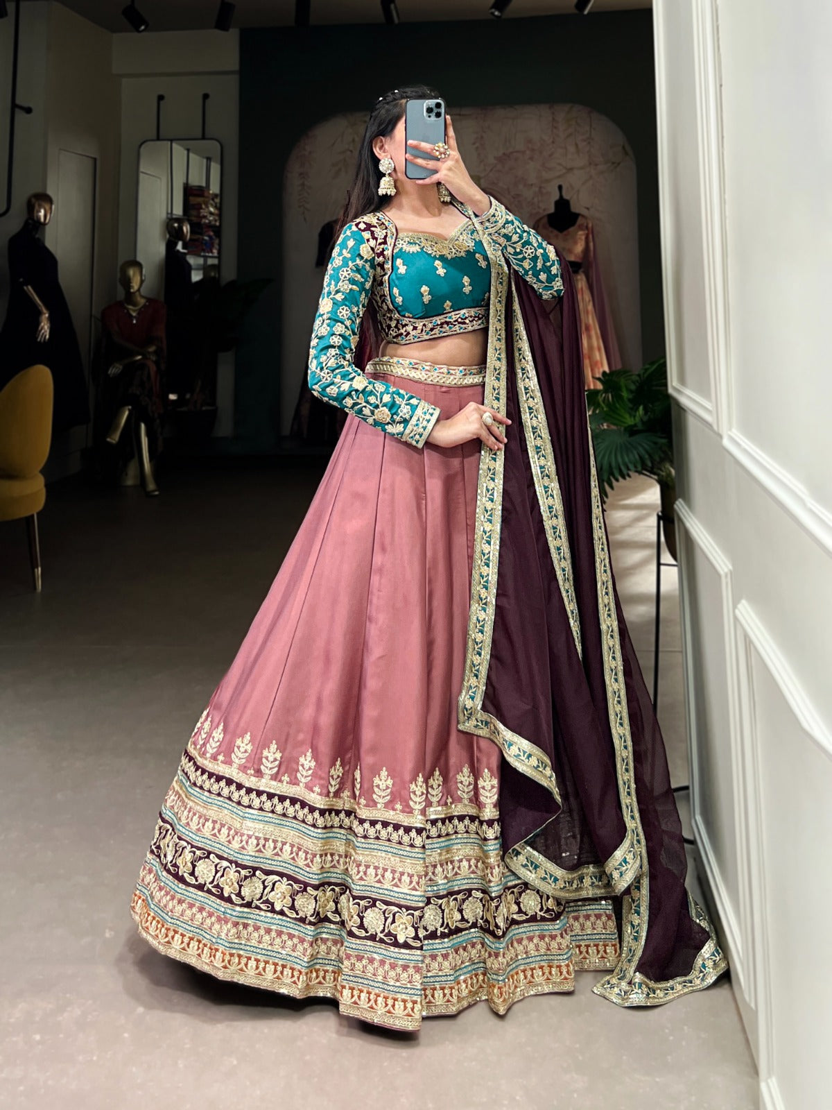 Elegant Moonga Silk Sequins Thread Worked Lehenga Choli - INDIAN ELEGANCE