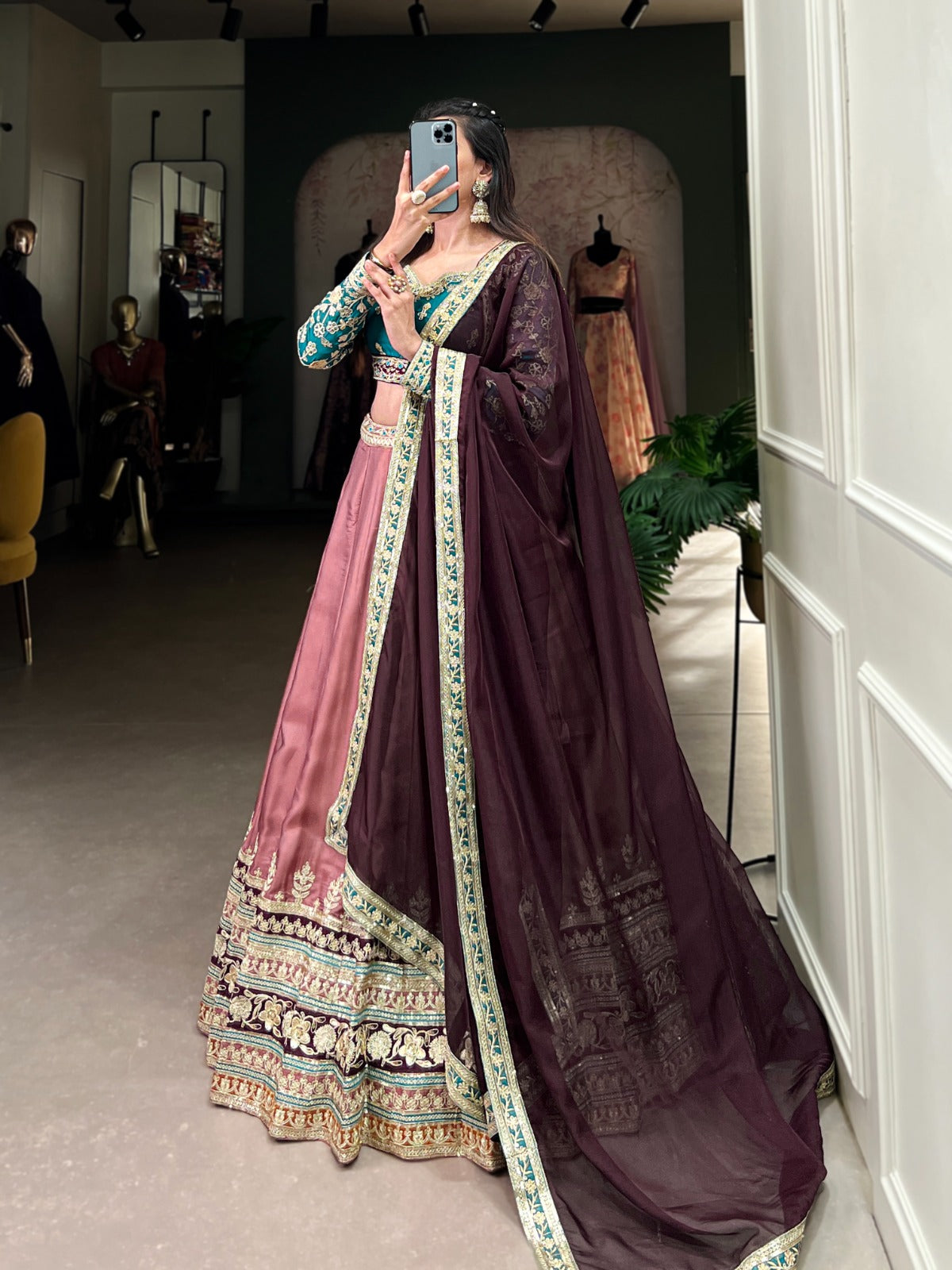 Elegant Moonga Silk Sequins Thread Worked Lehenga Choli - INDIAN ELEGANCE