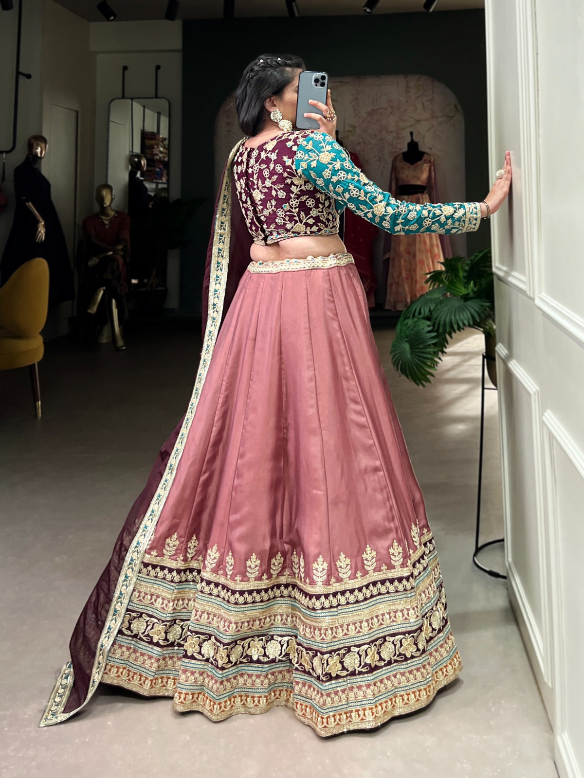 Elegant Moonga Silk Sequins Thread Worked Lehenga Choli - INDIAN ELEGANCE