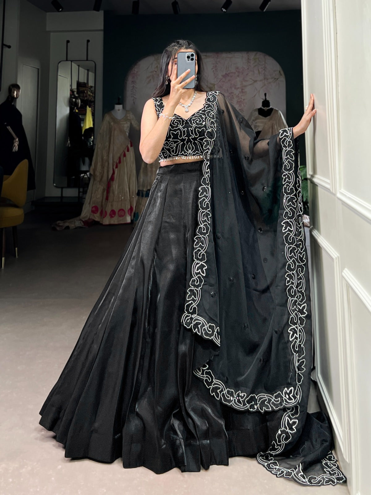 Spellbinding Satin Pearl Cording Sequins Worked Lehenga Set - INDIAN ELEGANCE