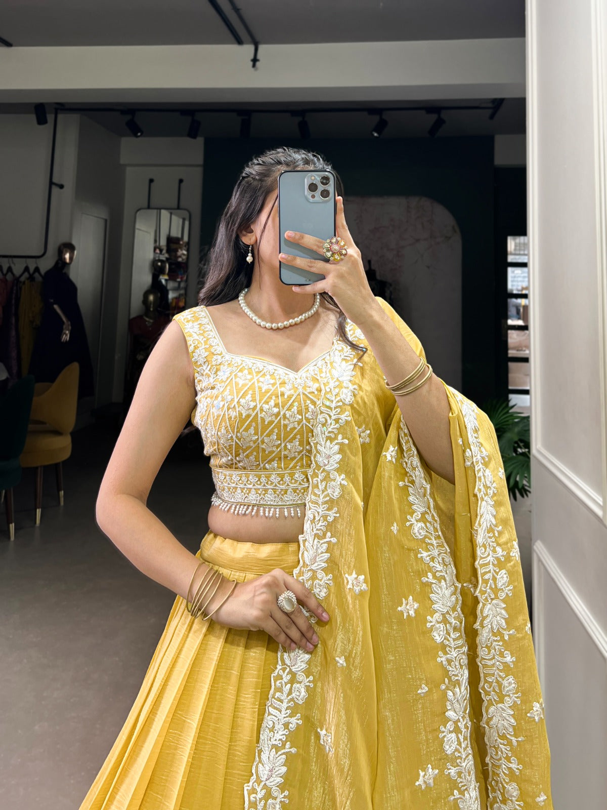 Yellow Gold Crush Sequins Thread Worked Lehenga Choli