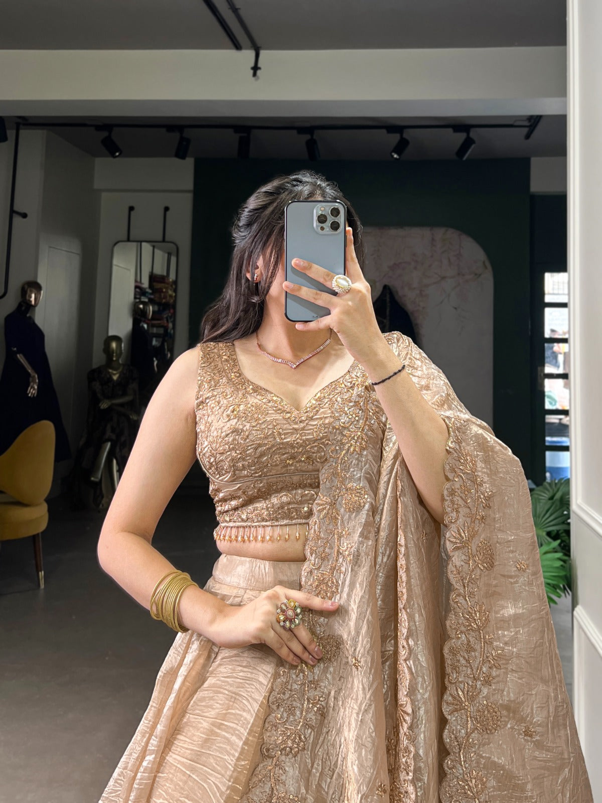 Attractive Chikoo Gold Crush Sequins Thread Worked Lehenga Choli