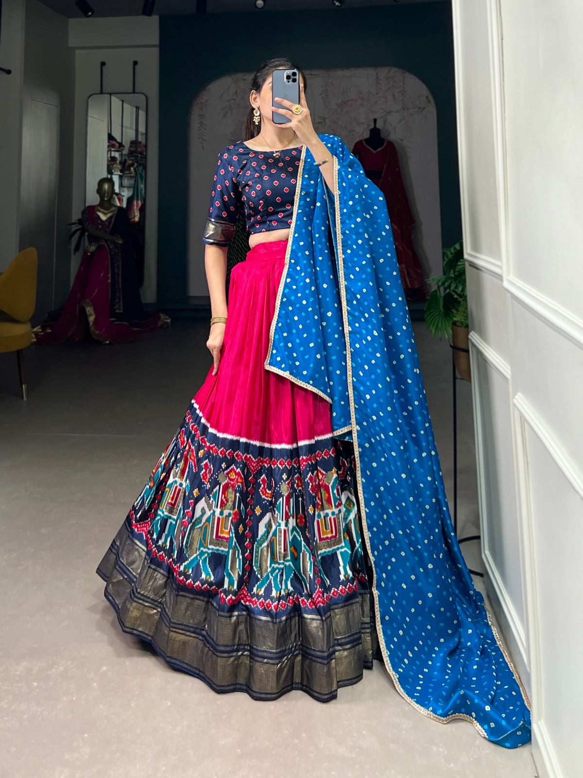 Dainty Pink Dola Silk Patola Printed Lehenga Choli Set - INDIAN ELEGANCE