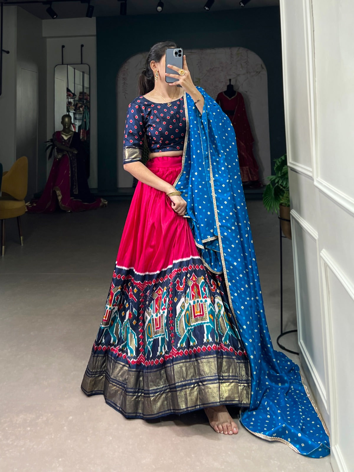 Dainty Pink Dola Silk Patola Printed Lehenga Choli Set - INDIAN ELEGANCE