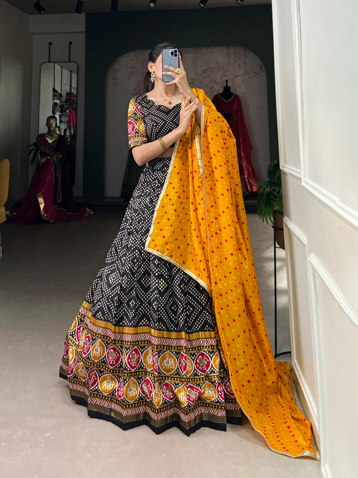 Spectacular Tussar Silk Bandhej Patola Printed Lehenga Choli - INDIAN ELEGANCE