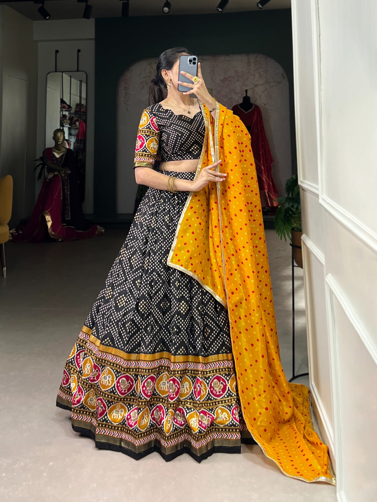 Spectacular Tussar Silk Bandhej Patola Printed Lehenga Choli - INDIAN ELEGANCE