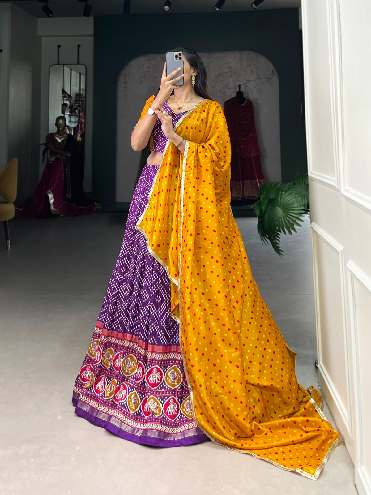 Spectacular Tussar Silk Bandhej Patola Printed Lehenga Choli - INDIAN ELEGANCE