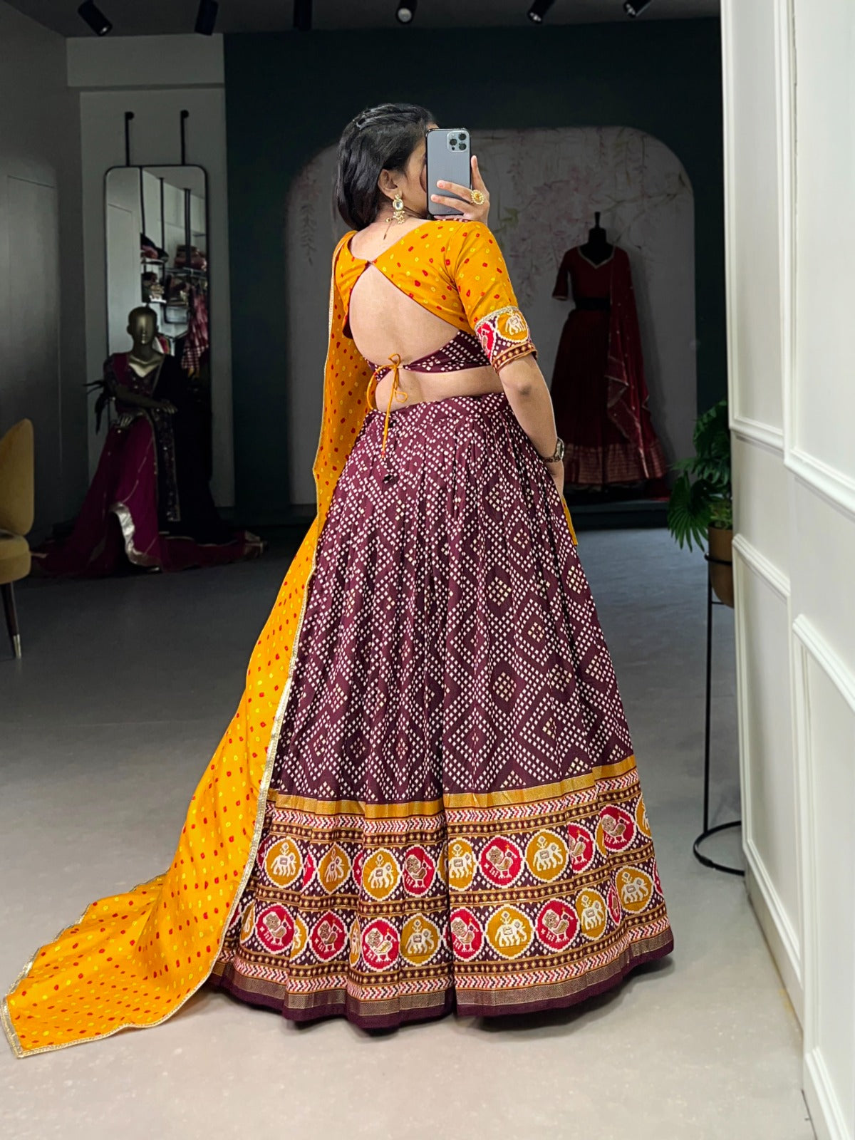 Spectacular Tussar Silk Bandhej Patola Printed Lehenga Choli - INDIAN ELEGANCE